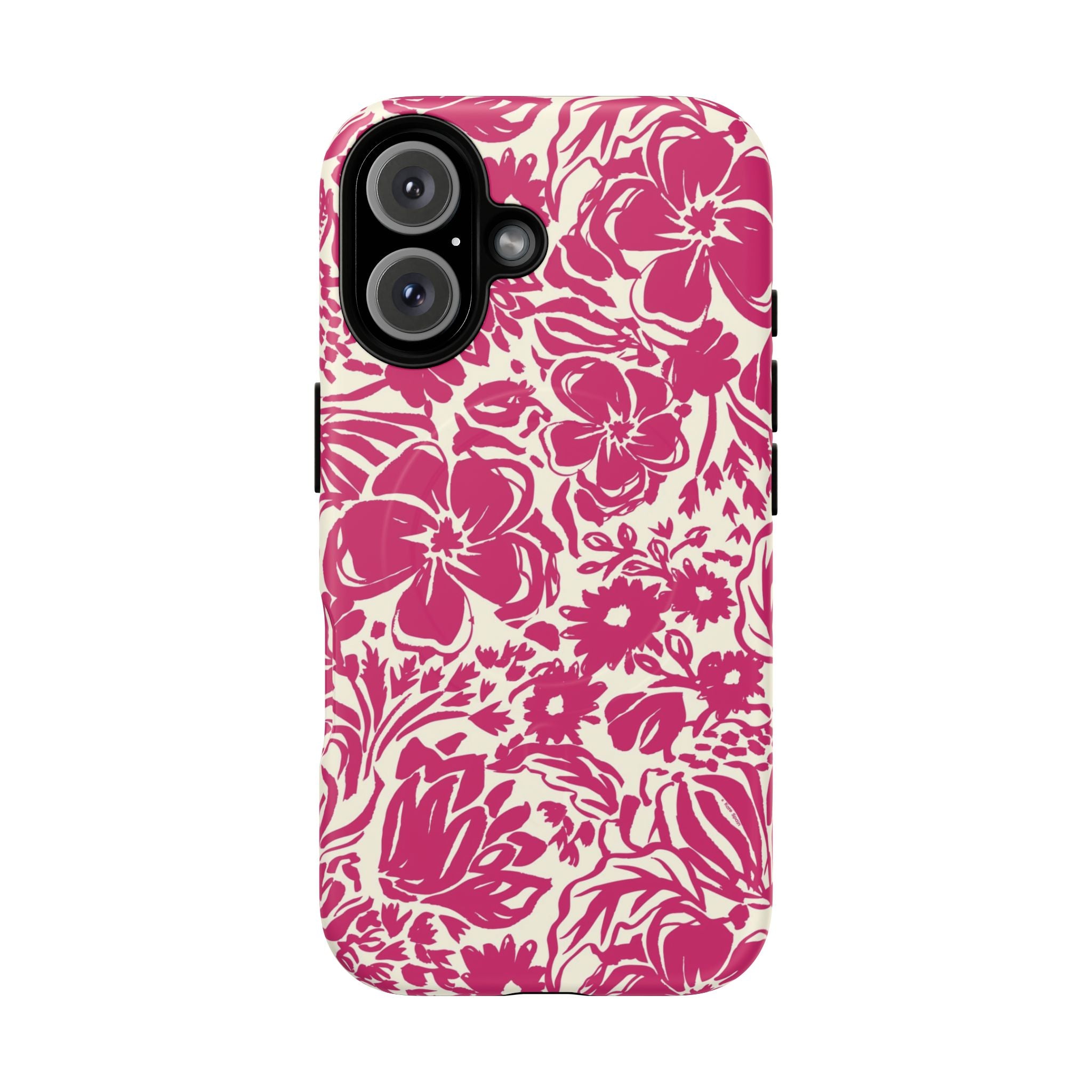 Rhapsody Bright Pink MagSafe iPhone 16 Pro Matte case — bold magenta floral print on cream by Kate Spain