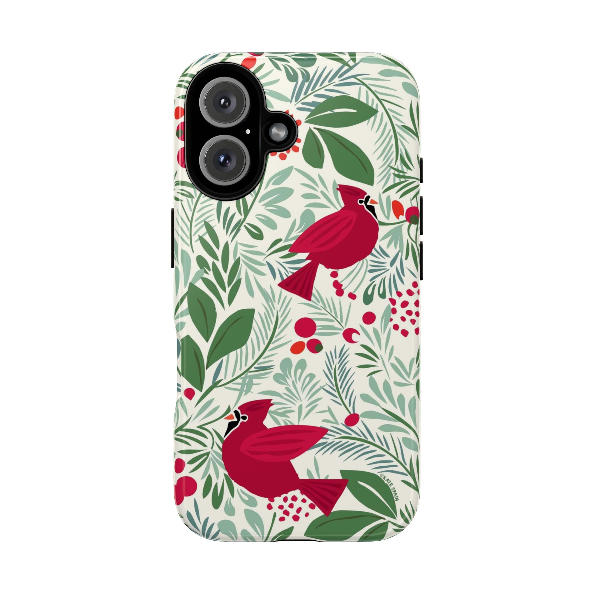 Birds and Berries Tough iPhone 16 Case – Glossy | cream, red, green botanical cardinal berry print