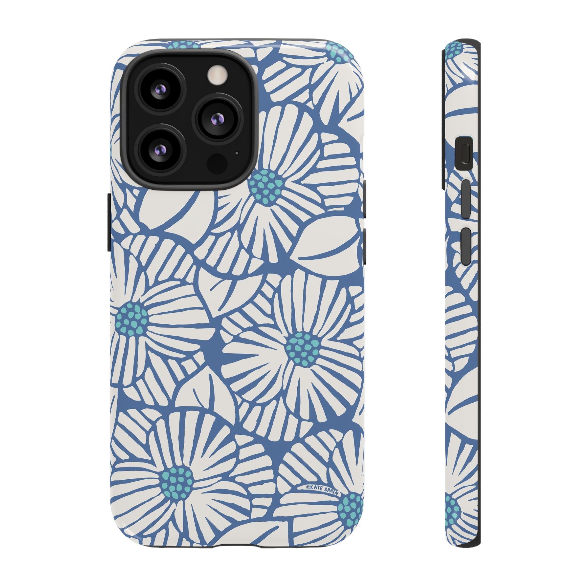 Calendula Tough iPhone 13 Pro Case – Glossy | periwinkle, cream, teal graphic daisy floral print