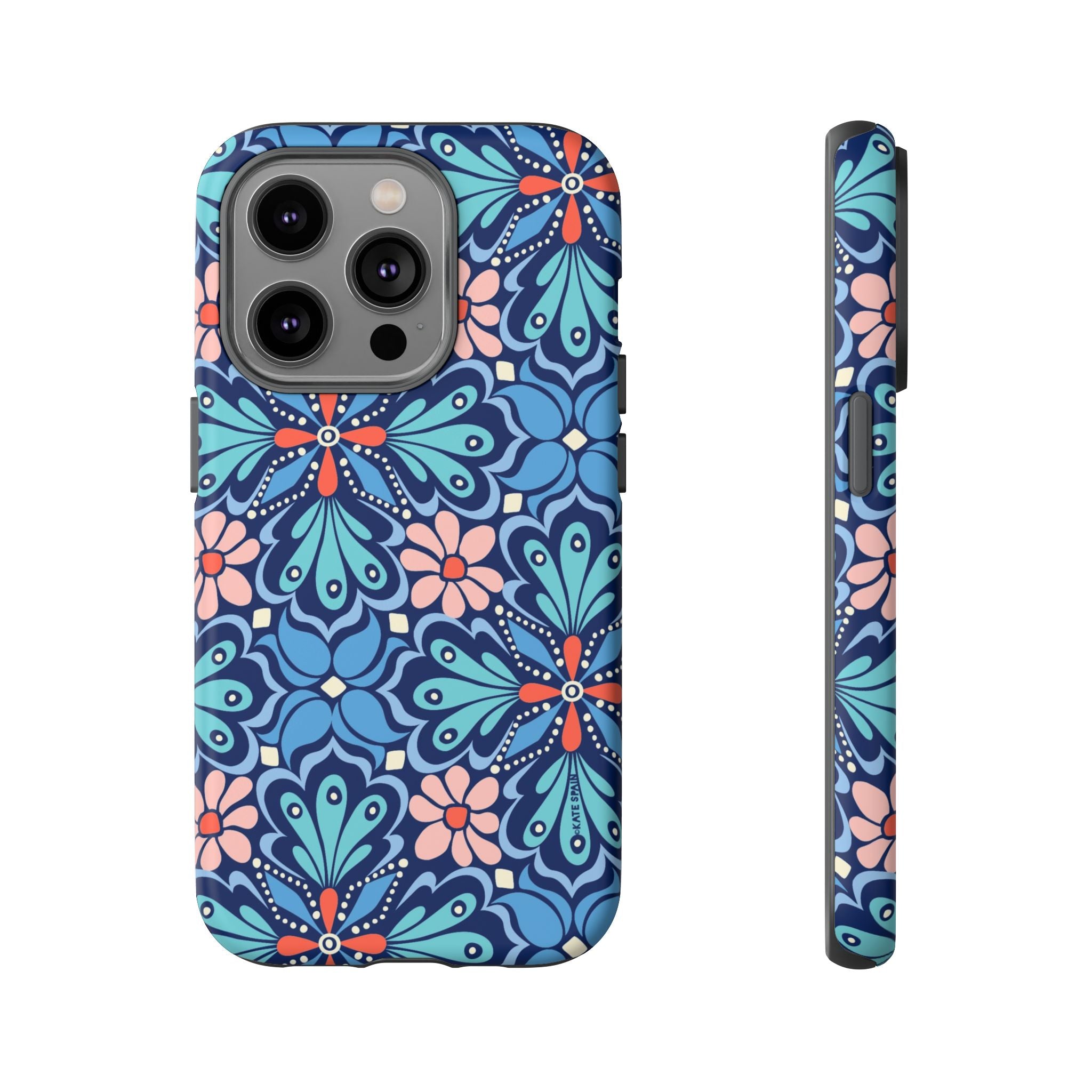 Bolero Tough iPhone 14 Pro Case – Matte | navy, cobalt, blush geometric medallion floral print