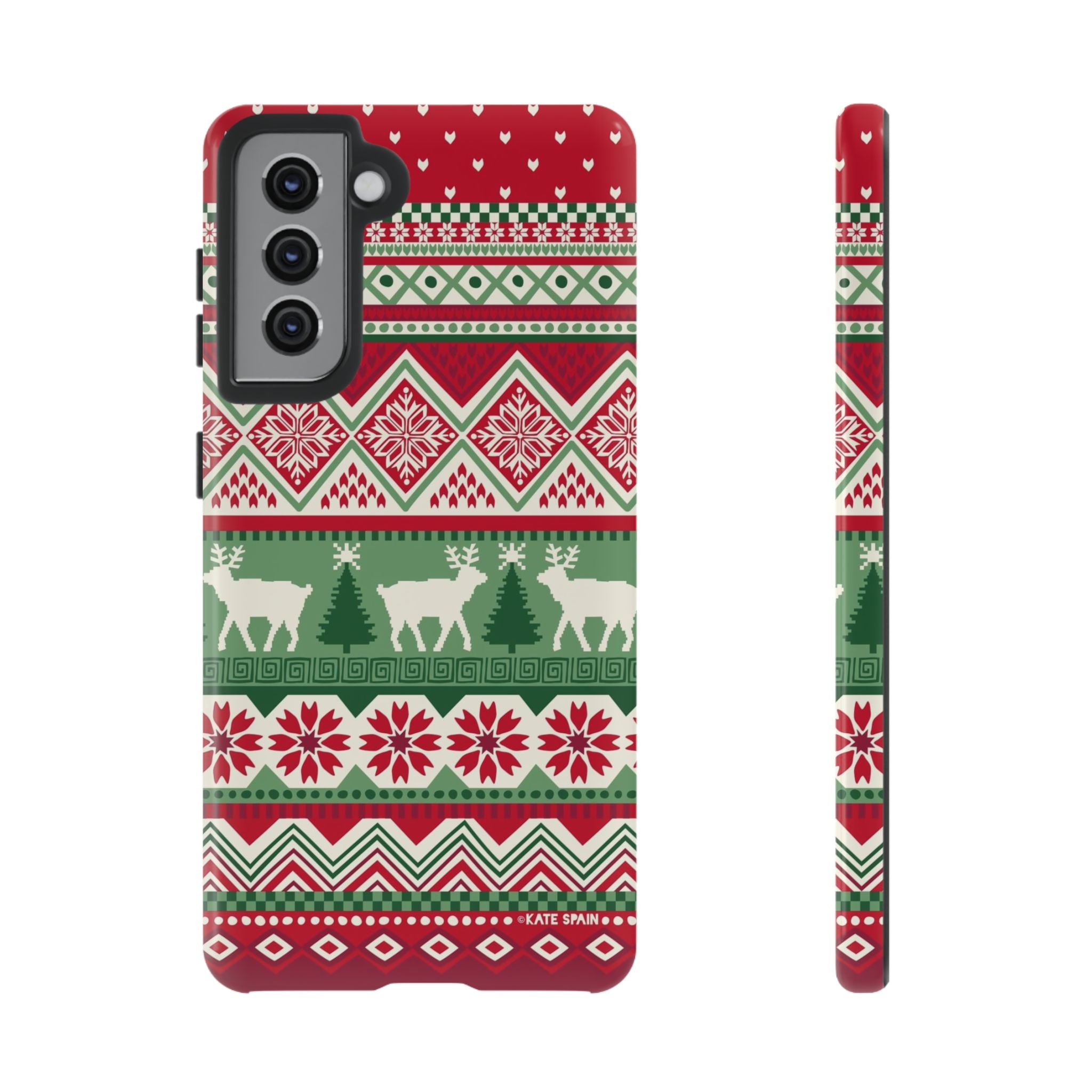 Luxury Telemark Samsung Galaxy S21 Case – Glossy | red, green, cream Nordic fair isle reindeer print