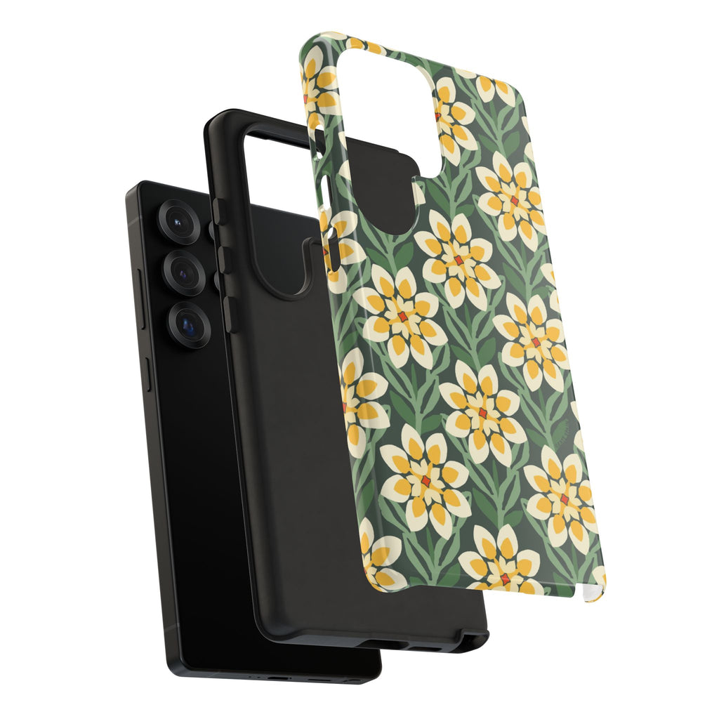 Luxury Modern Dahlia Samsung Galaxy S25 Ultra Case – Glossy | close-up of shock-absorbing layer construction of case in forest green, yellow, cream modern dahlia print