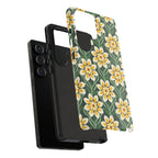 Luxury Modern Dahlia Samsung Galaxy S25 Ultra Case – Glossy | close-up of shock-absorbing layer construction of case in forest green, yellow, cream modern dahlia print