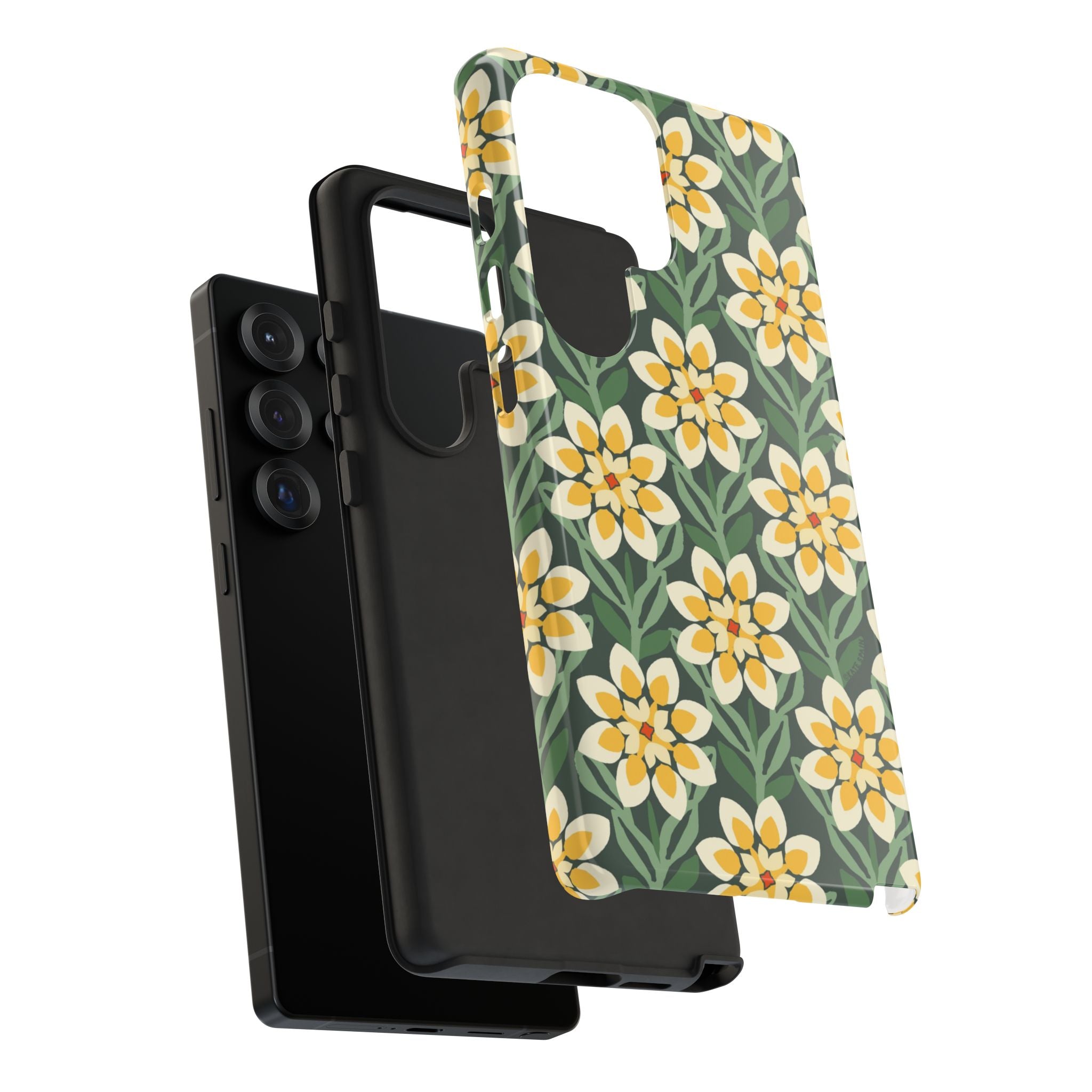 Luxury Modern Dahlia Samsung Galaxy S25 Ultra Case – Glossy | close-up of shock-absorbing layer construction of case in forest green, yellow, cream modern dahlia print