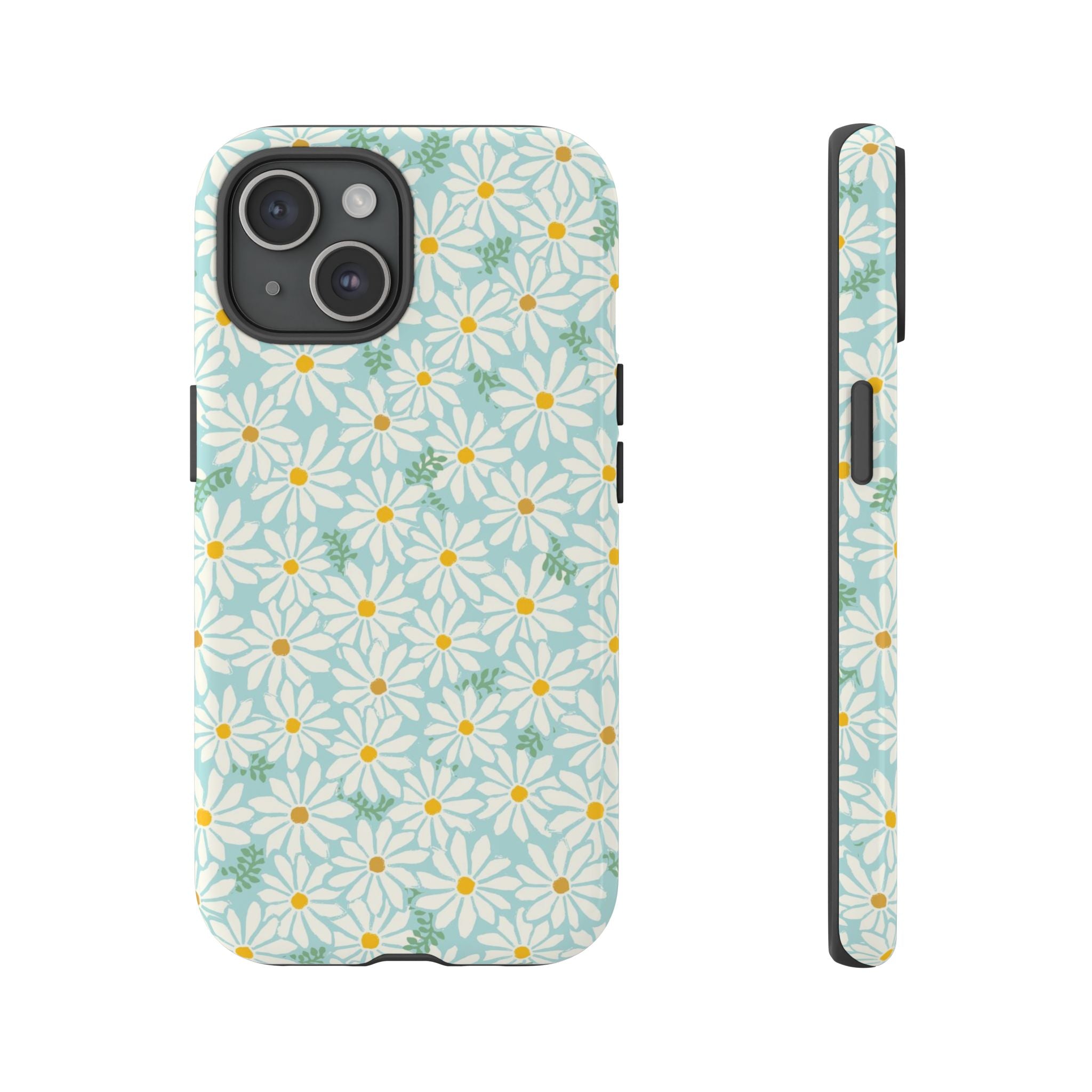 Daisies Tough iPhone 15 Case – Glossy | sky blue, white daisy print, golden yellow centers, mint green leaves dual-layer protection