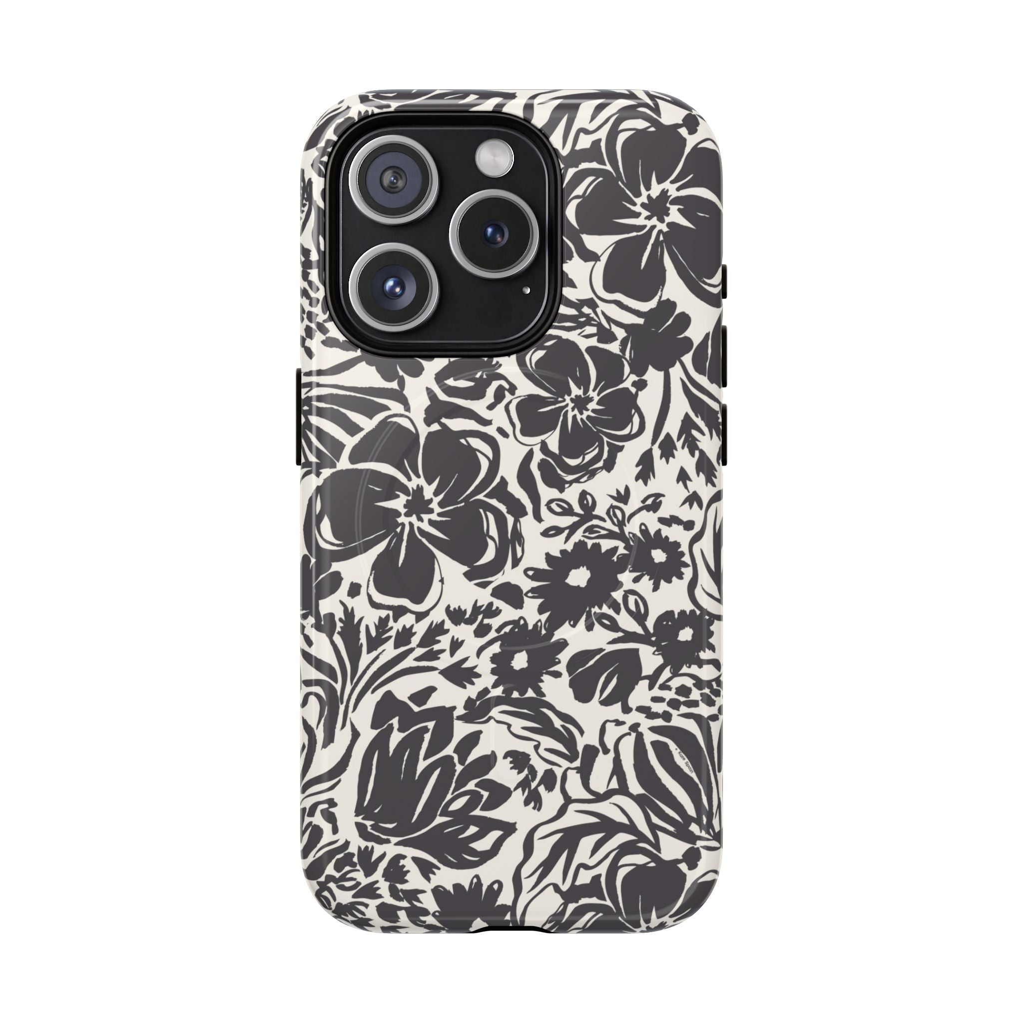 Rhapsody Black MagSafe iPhone 15 Pro Glossy case — bold charcoal floral print on cream by Kate Spain