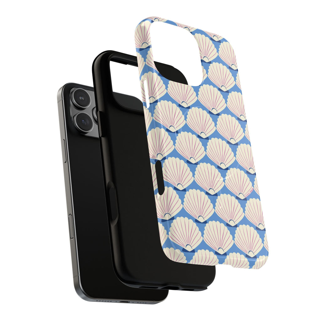 Seashells MagSafe iPhone 16 Pro Max Case – Dual-layered view of case and inner lining in front of phone, with view of camera cutout and buttons | periwinkle, cream, blush scallop shell print