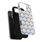 Seashells MagSafe iPhone 16 Pro Max Case – Dual-layered view of case and inner lining in front of phone, with view of camera cutout and buttons | periwinkle, cream, blush scallop shell print