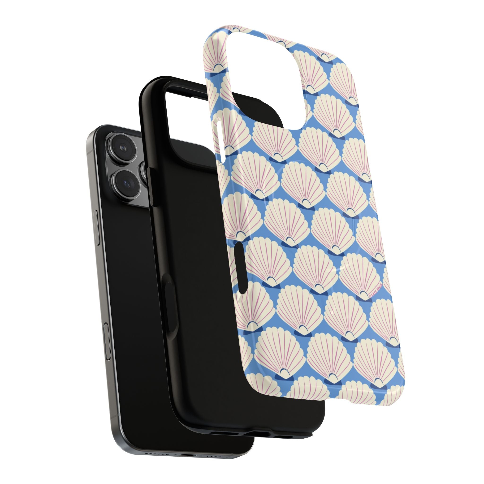 Seashells MagSafe iPhone 16 Pro Max Case – Dual-layered view of case and inner lining in front of phone, with view of camera cutout and buttons | periwinkle, cream, blush scallop shell print