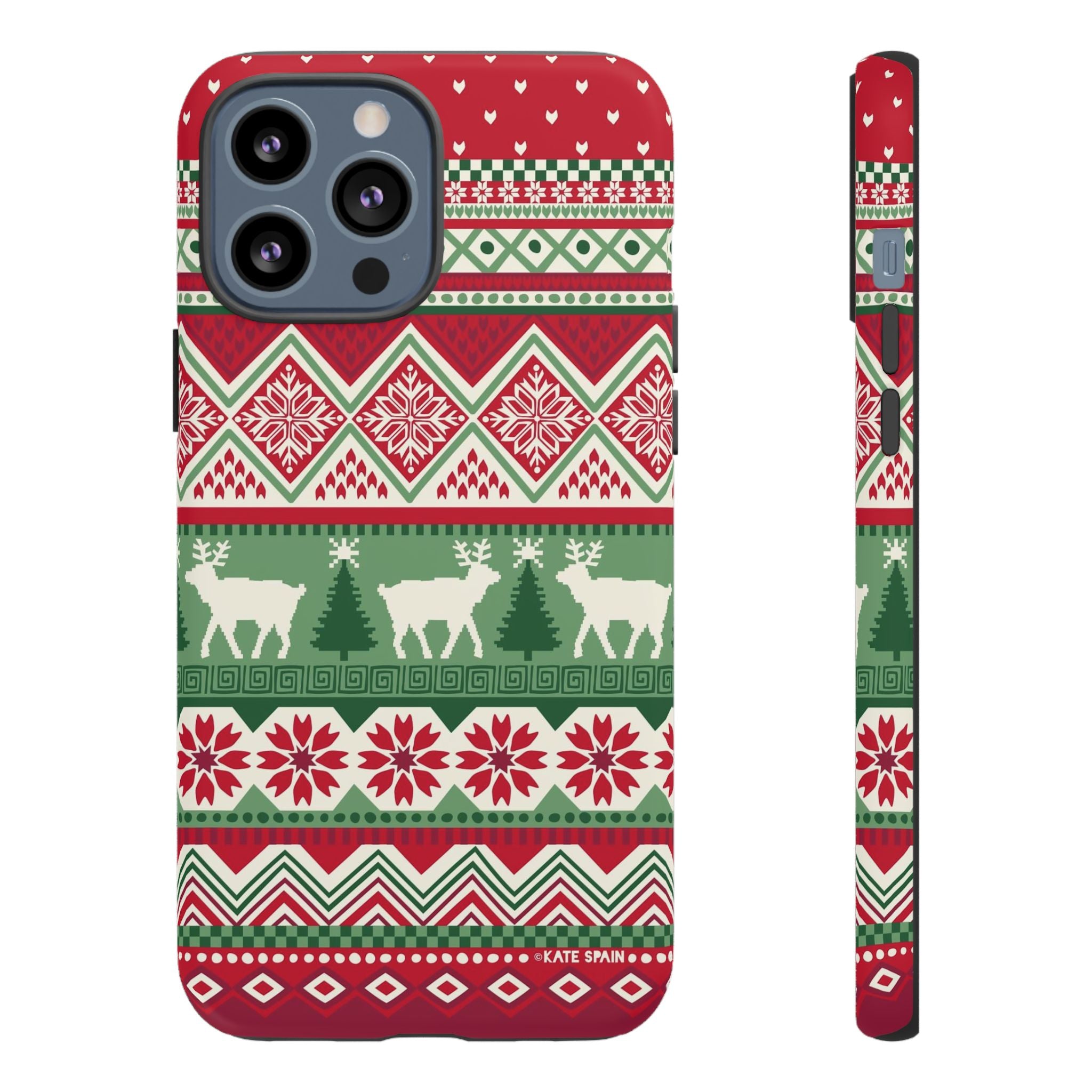 Telemark Tough iPhone 13 Pro Max Case – Matte | red, green, cream fair isle reindeer Nordic print