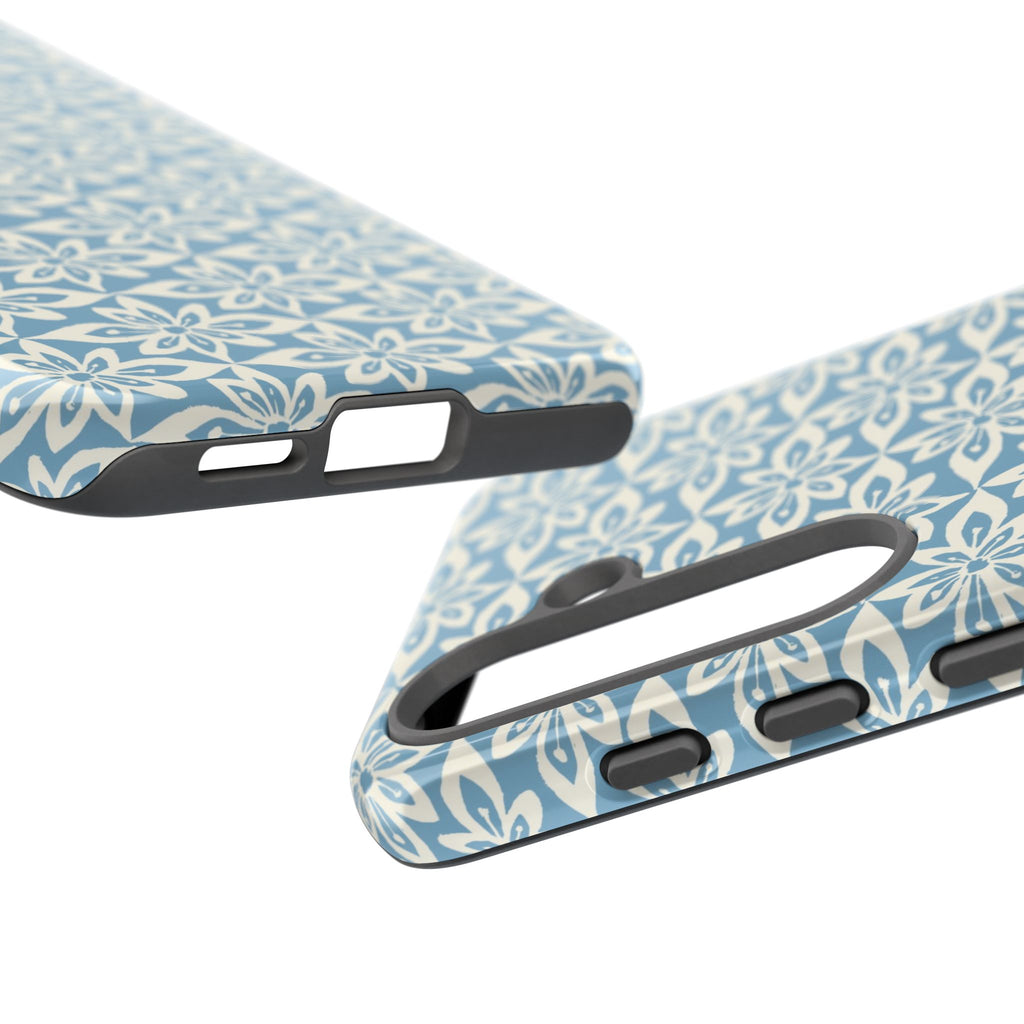 Lily Blue Samsung Galaxy S25 Glossy case — dual view showing ports, camera cutout, and buttons — graphic white lily on cerulean by Kate Spain