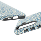 Lily Blue Samsung Galaxy S25 Glossy case — dual view showing ports, camera cutout, and buttons — graphic white lily on cerulean by Kate Spain