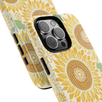 Sunny Sunflower iPhone 16 Pro Max case – Glossy | cream ground, large-scale yellow sunflower print, angled view showing camera cutout and buttons, dual-layer protection