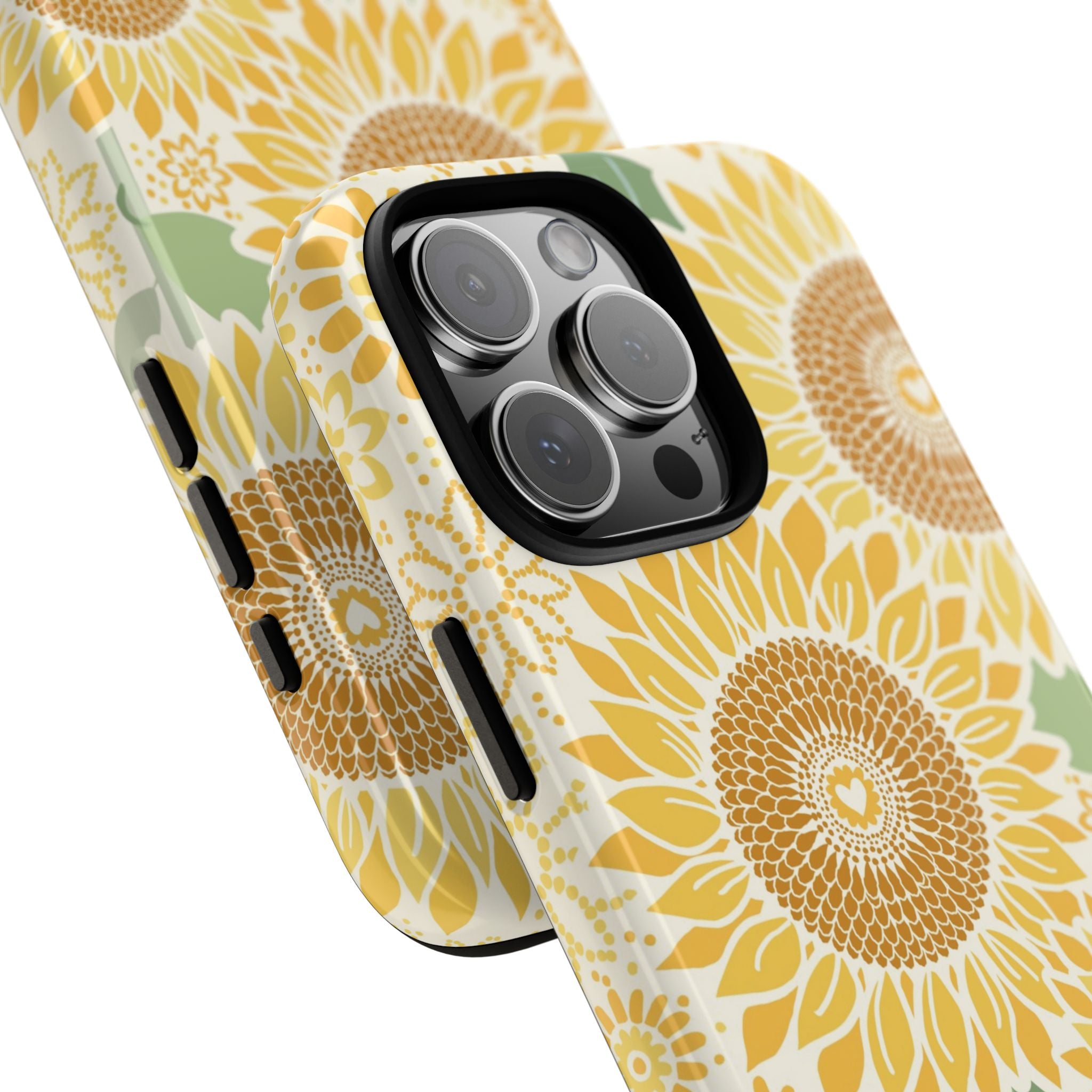 Sunny Sunflower iPhone 16 Pro Max case – Glossy | cream ground, large-scale yellow sunflower print, angled view showing camera cutout and buttons, dual-layer protection