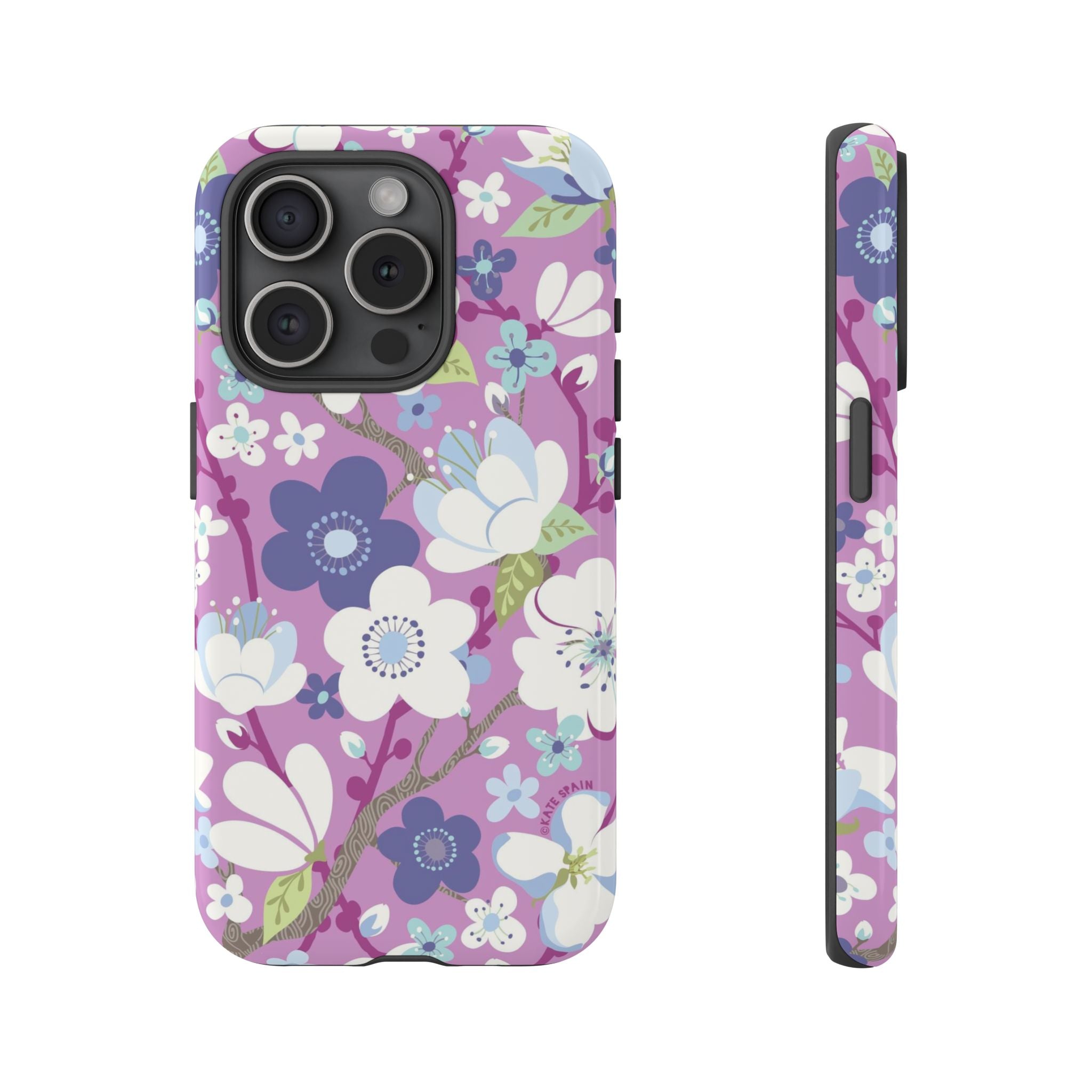 Luxury Cherry Blossom Tough iPhone 15 Pro Case – Glossy | mauve, purple, blue, white cherry blossom print