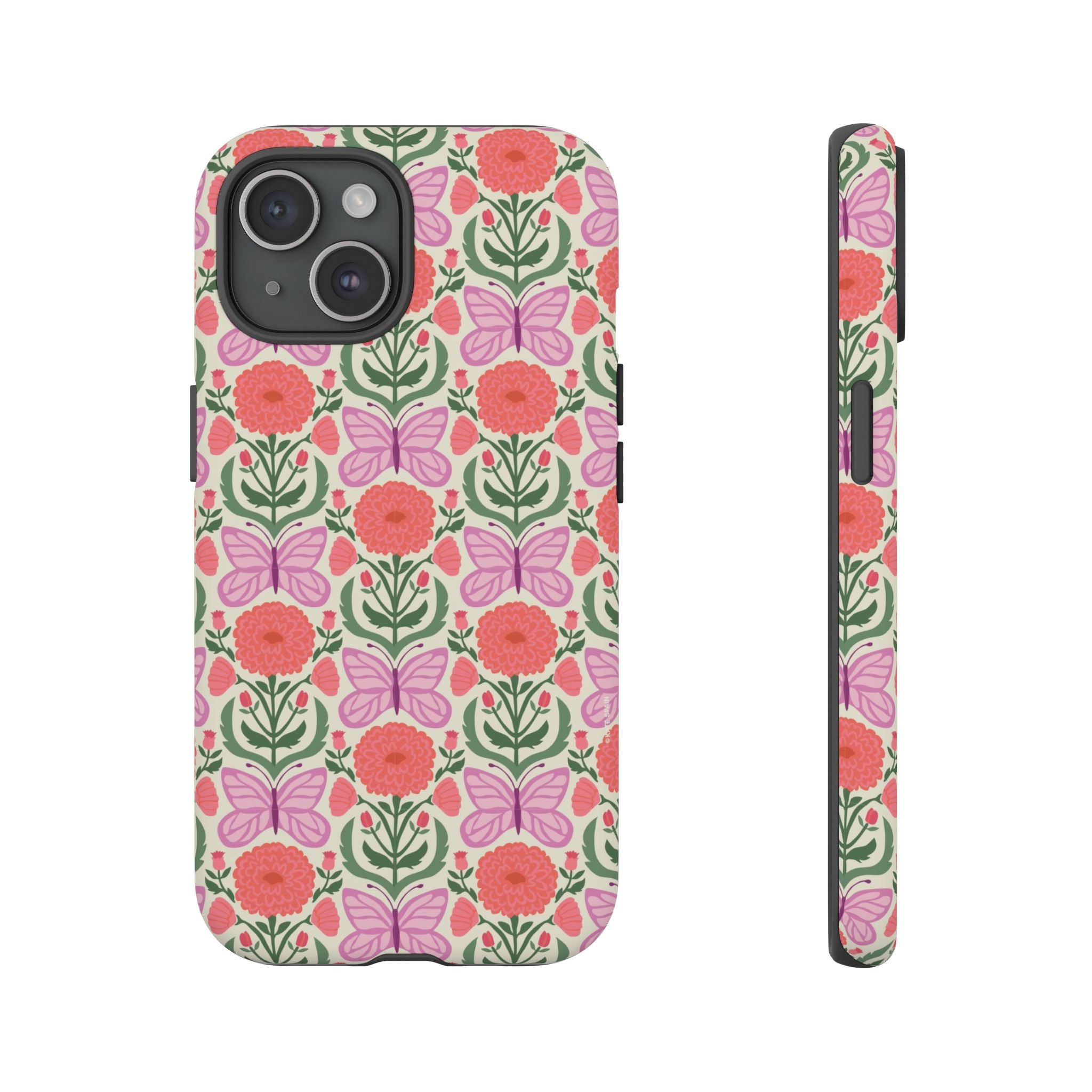 Pink Butterfly Tough iPhone 15 Case – Matte | pink, coral, green, cream butterfly floral print
