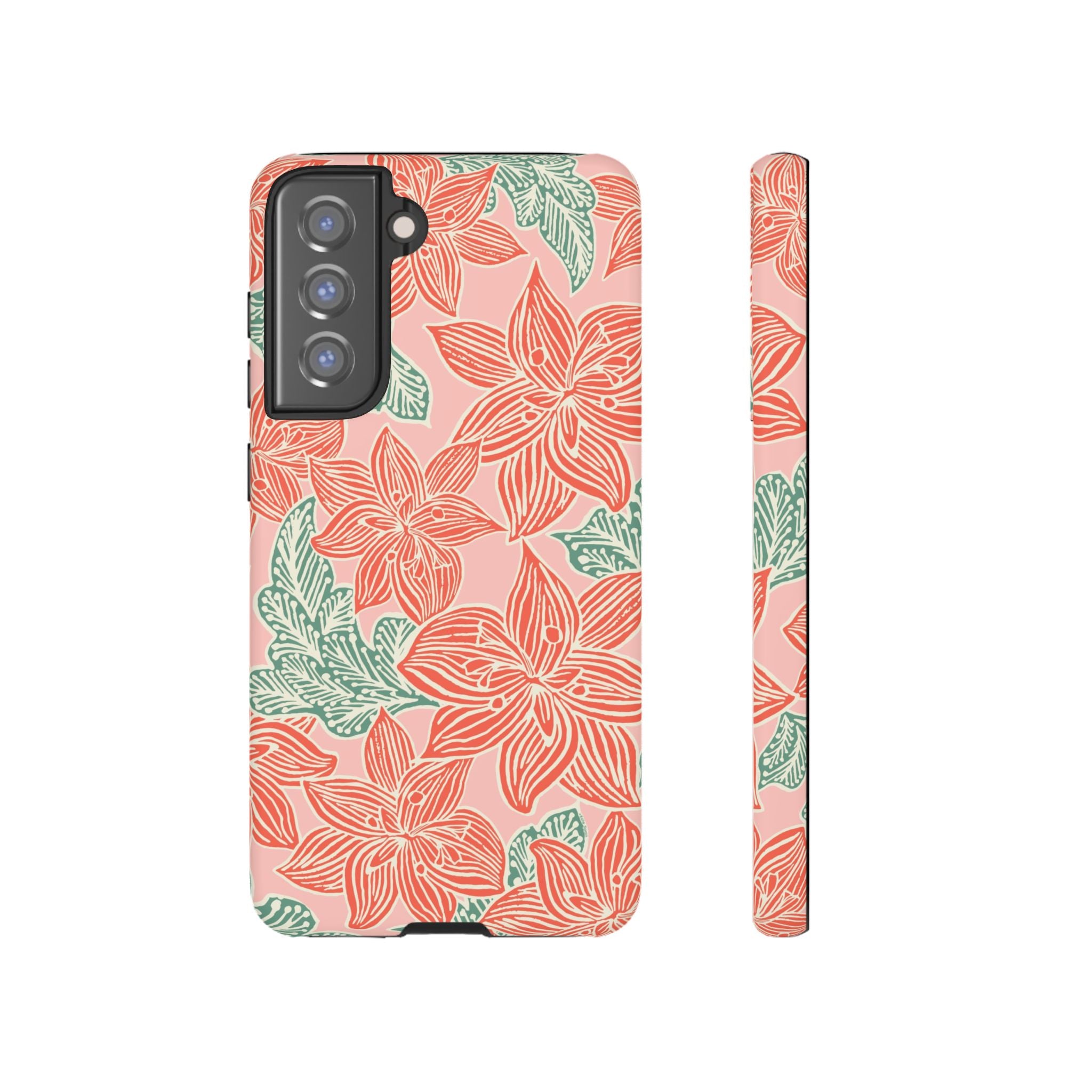 Hibiscus Coral Samsung Galaxy S21 FE Matte Case — blush pink hard case with large-scale coral red hibiscus flowers and teal-green leaves in a bold botanical linework print, densely layered across the surface