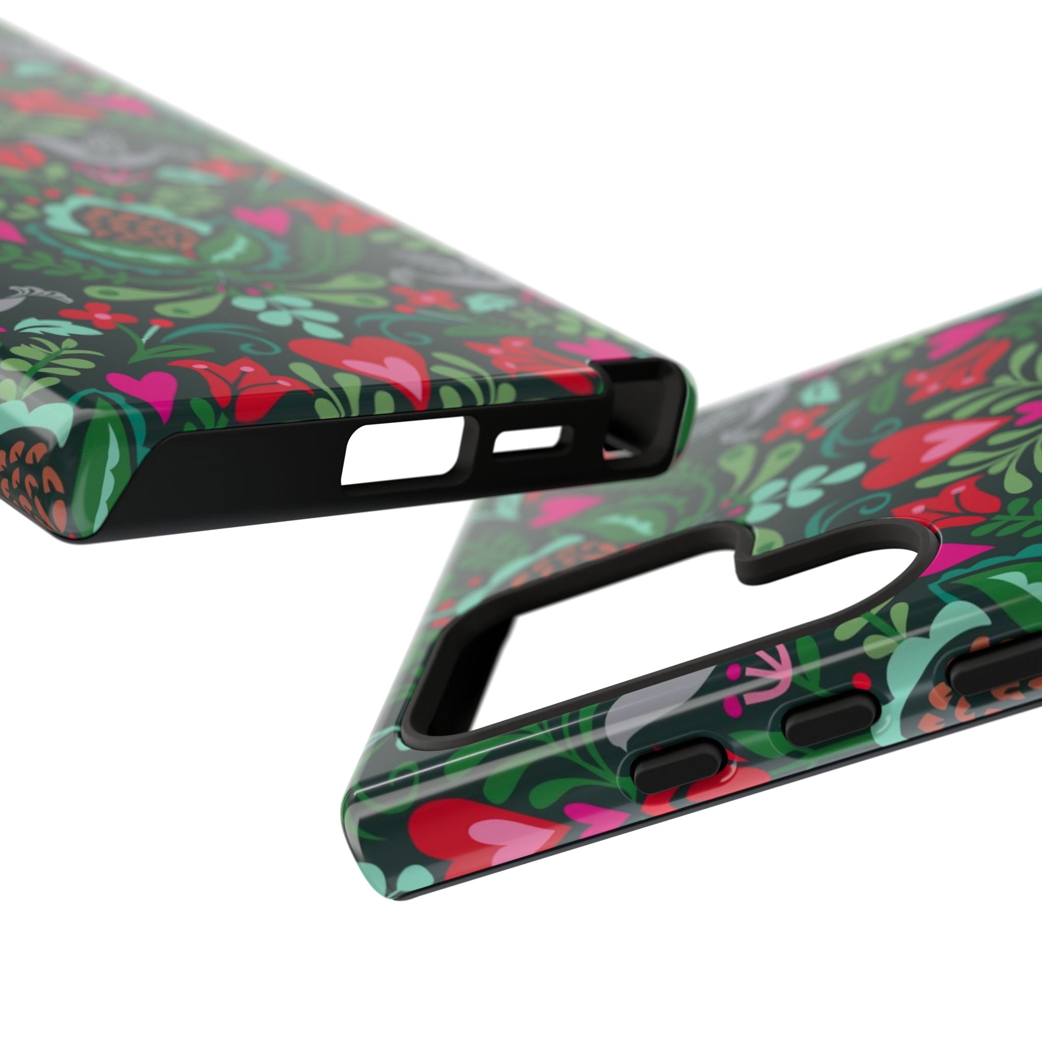 Rosemaling Samsung Galaxy S24 Ultra Case – side view of case buttons and ports | forest green, red, pink rosemaling floral print