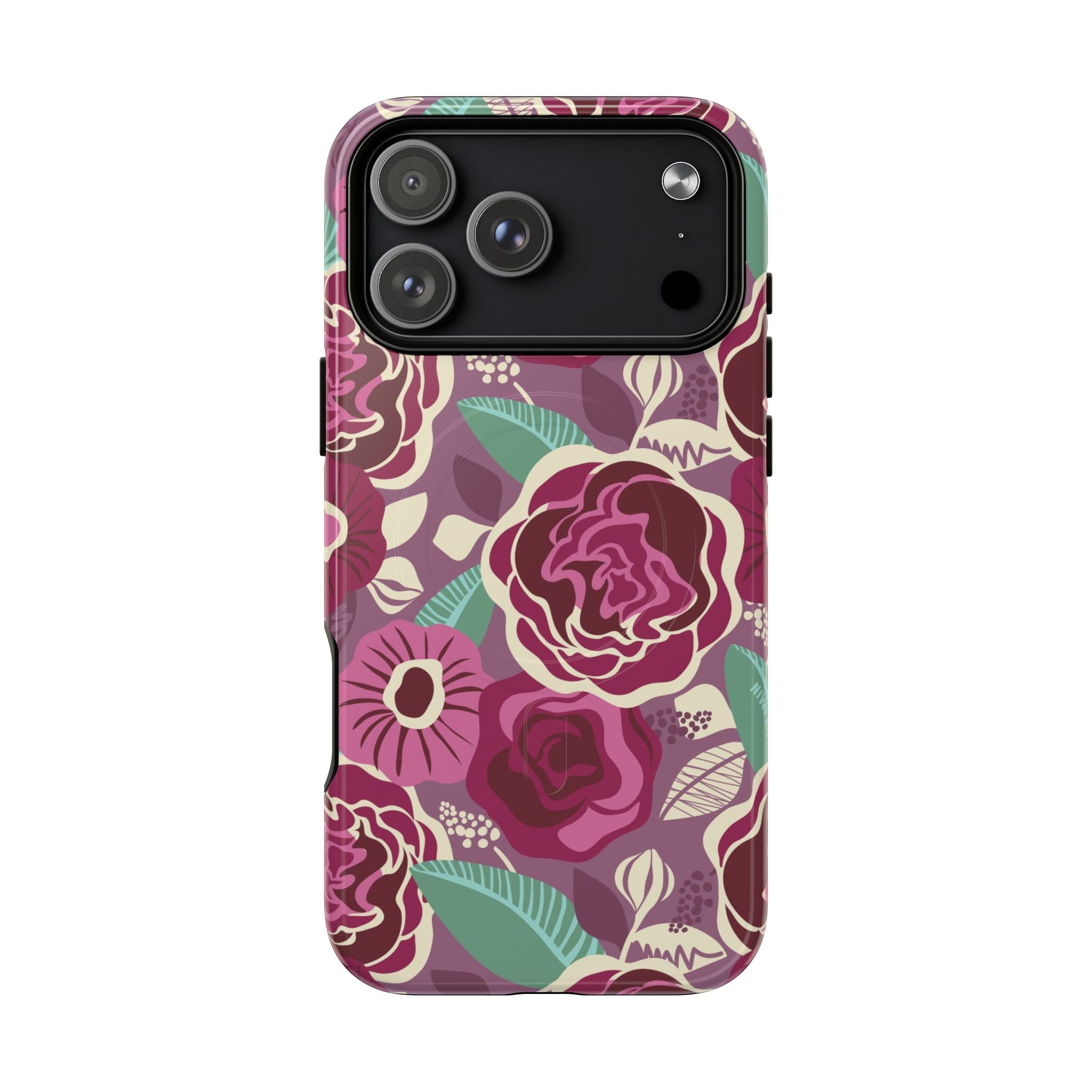 Luxury Tea Rose Burgundy MagSafe iPhone 17 Pro Max Case – Glossy | burgundy, magenta, plum botanical rose floral print