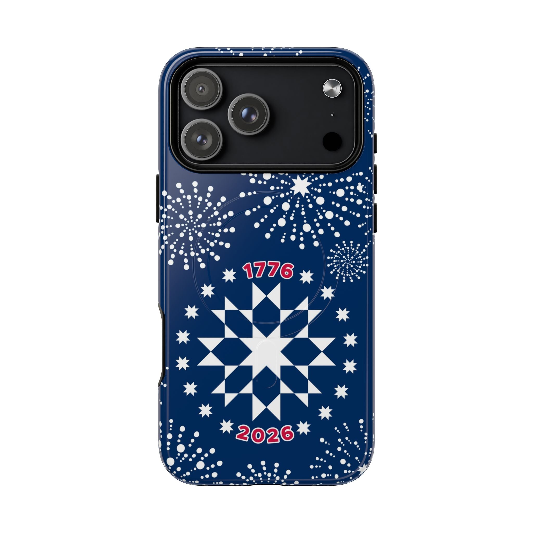 250th Fireworks MagSafe iPhone 17 Pro Max Case – Glossy | navy, white patriotic star quilt fireworks print