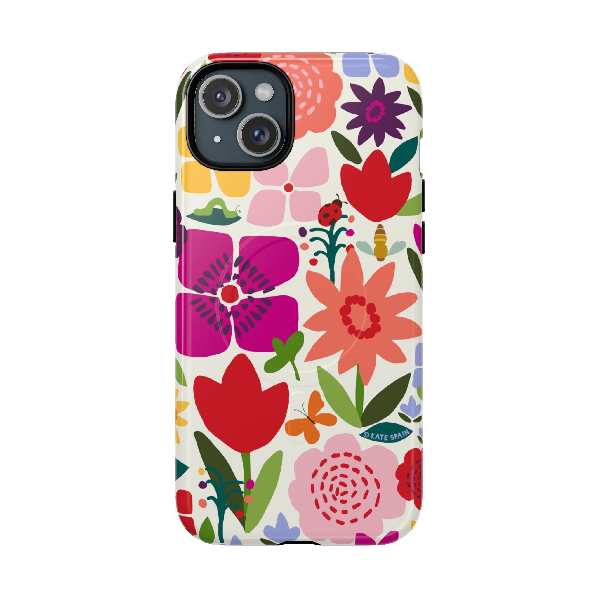Happy Blooms MagSafe iPhone 15 Plus Case – Glossy | cream, red, magenta, coral botanical floral print