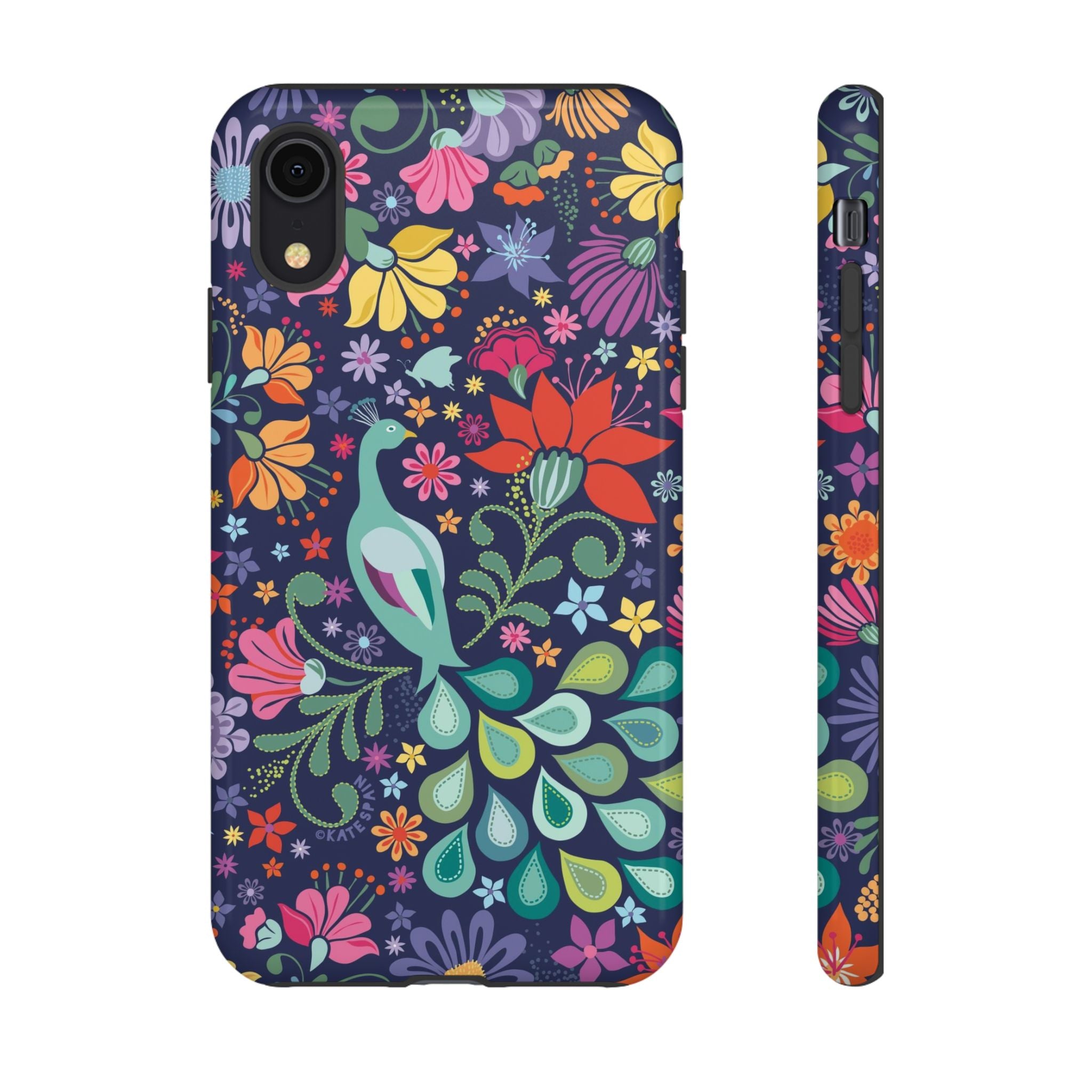Peacock Sanctuary Tough iPhone XR Case – Glossy | navy, teal, coral multicolor vibrant peacock feather botanical print