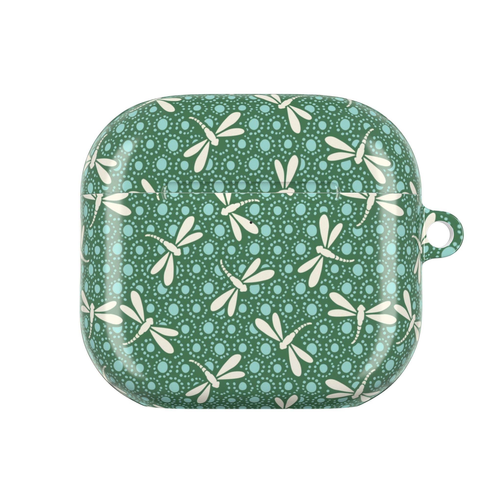 Green AirPods case with white dragonfly pattern on a white background