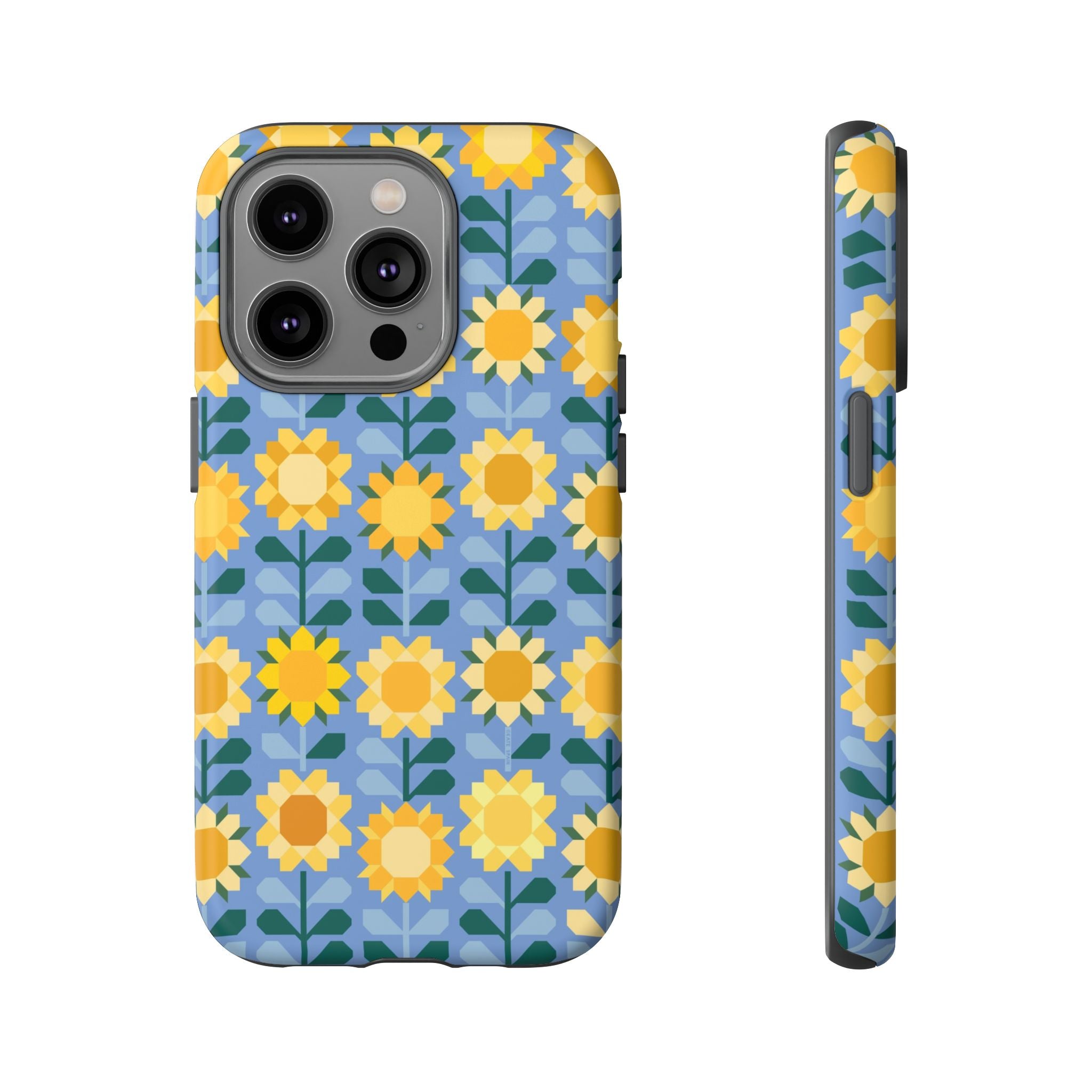 Sunflowers Tough iPhone 14 Pro Case – Matte | blue, yellow, gold geometric sunflower print