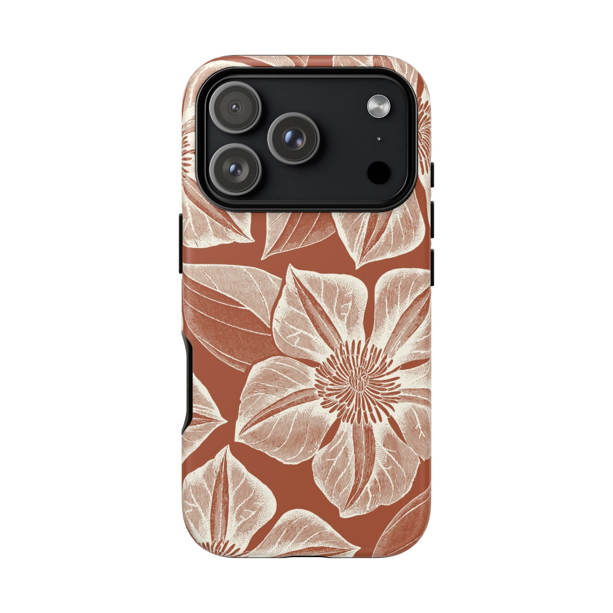 Vintage Bloom Sienna iPhone 17 Pro case – Matte | sienna ground, large-scale cream clematis print, engraved petal detail, dual-layer protection