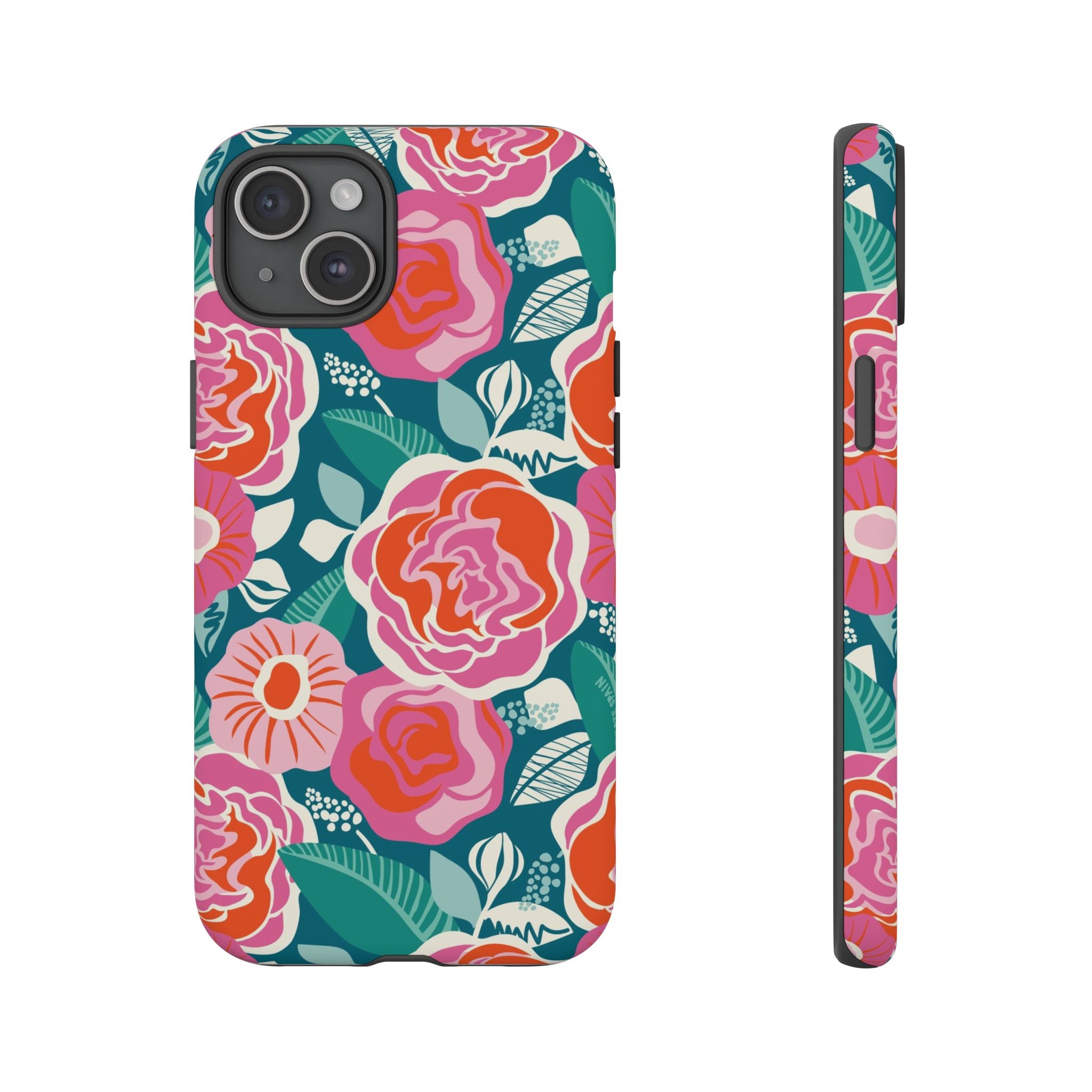 Tea Rose Teal Tough iPhone 15 Plus Case – Matte | teal, coral, pink botanical rose floral print
