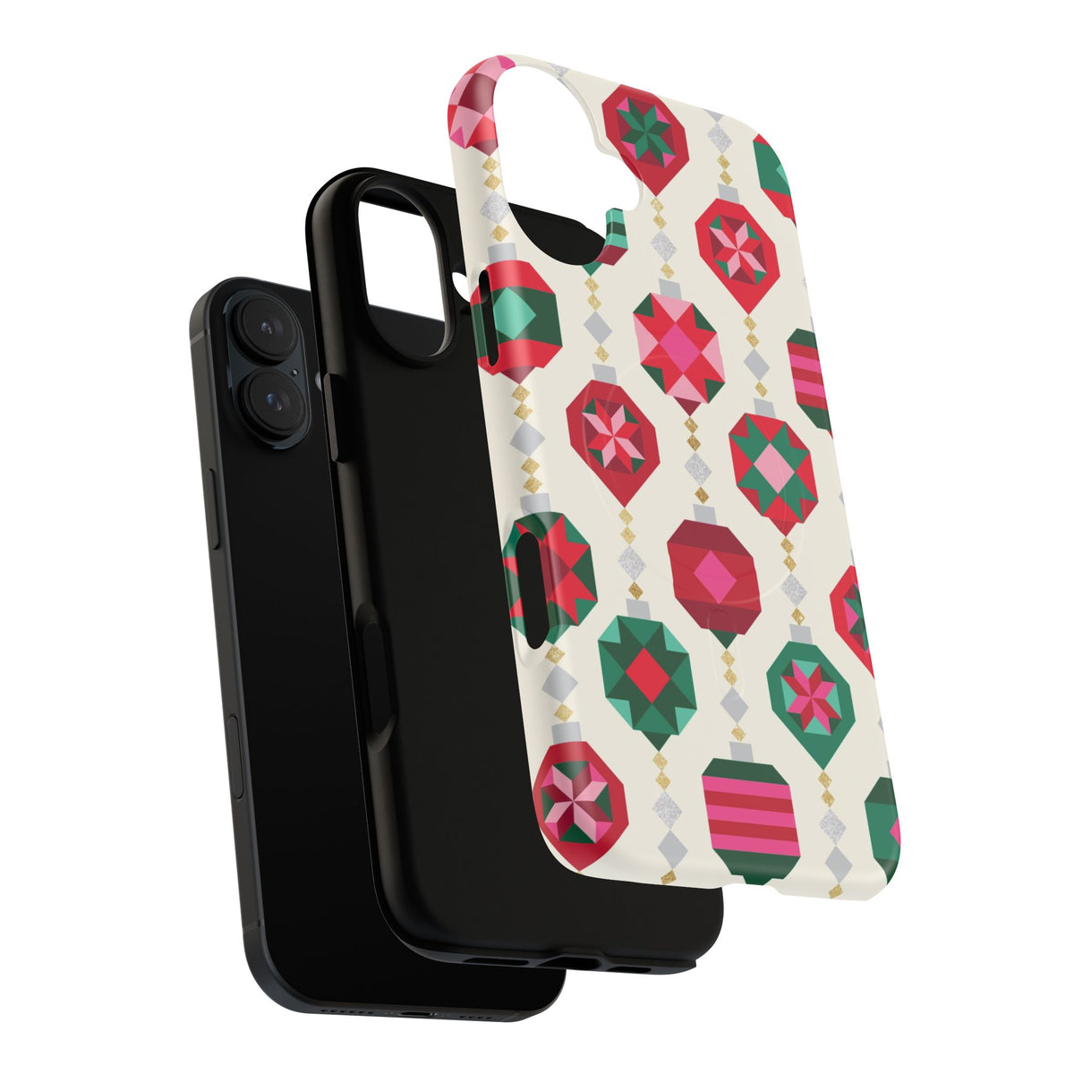 Felicity Ornaments MagSafe iPhone Case – detail view of case, camera cutout and buttons | holiday ornament print