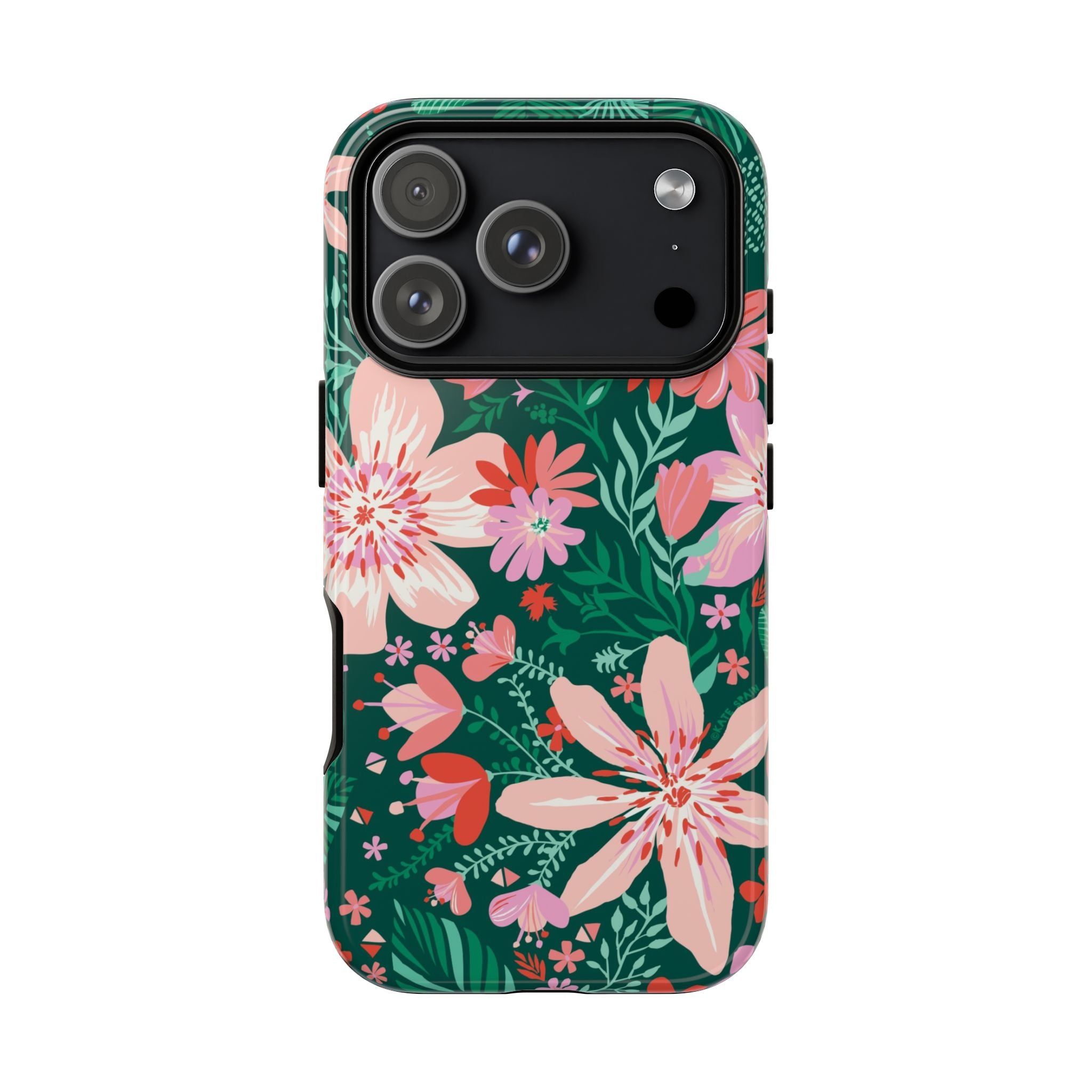 Bonaire Tough iPhone 17 Pro Case – Glossy | jade, pink, white tropical floral botanical print