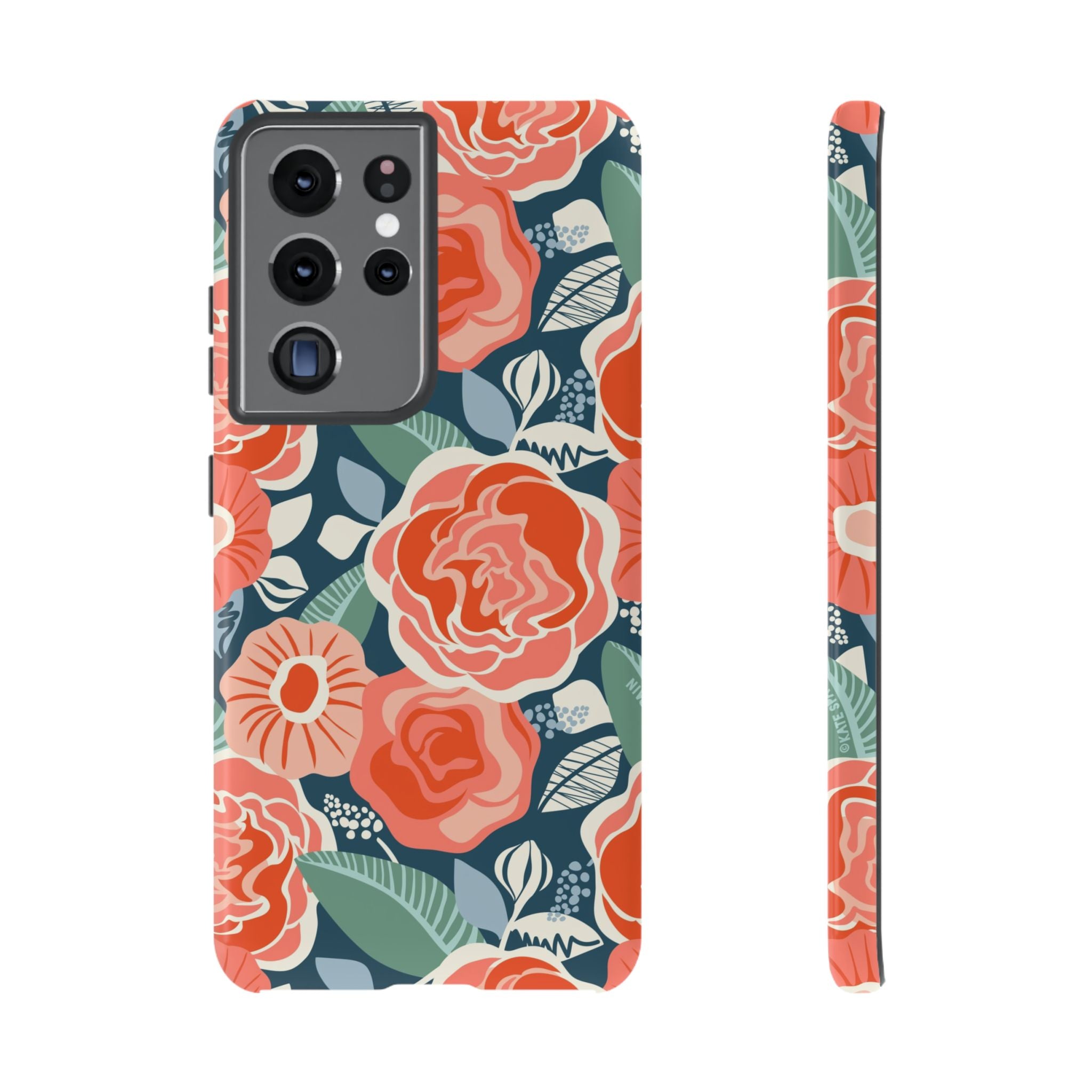 Luxury Tea Rose Navy Samsung Galaxy S21 Ultra Case – Glossy | navy, coral, peach botanical rose floral print