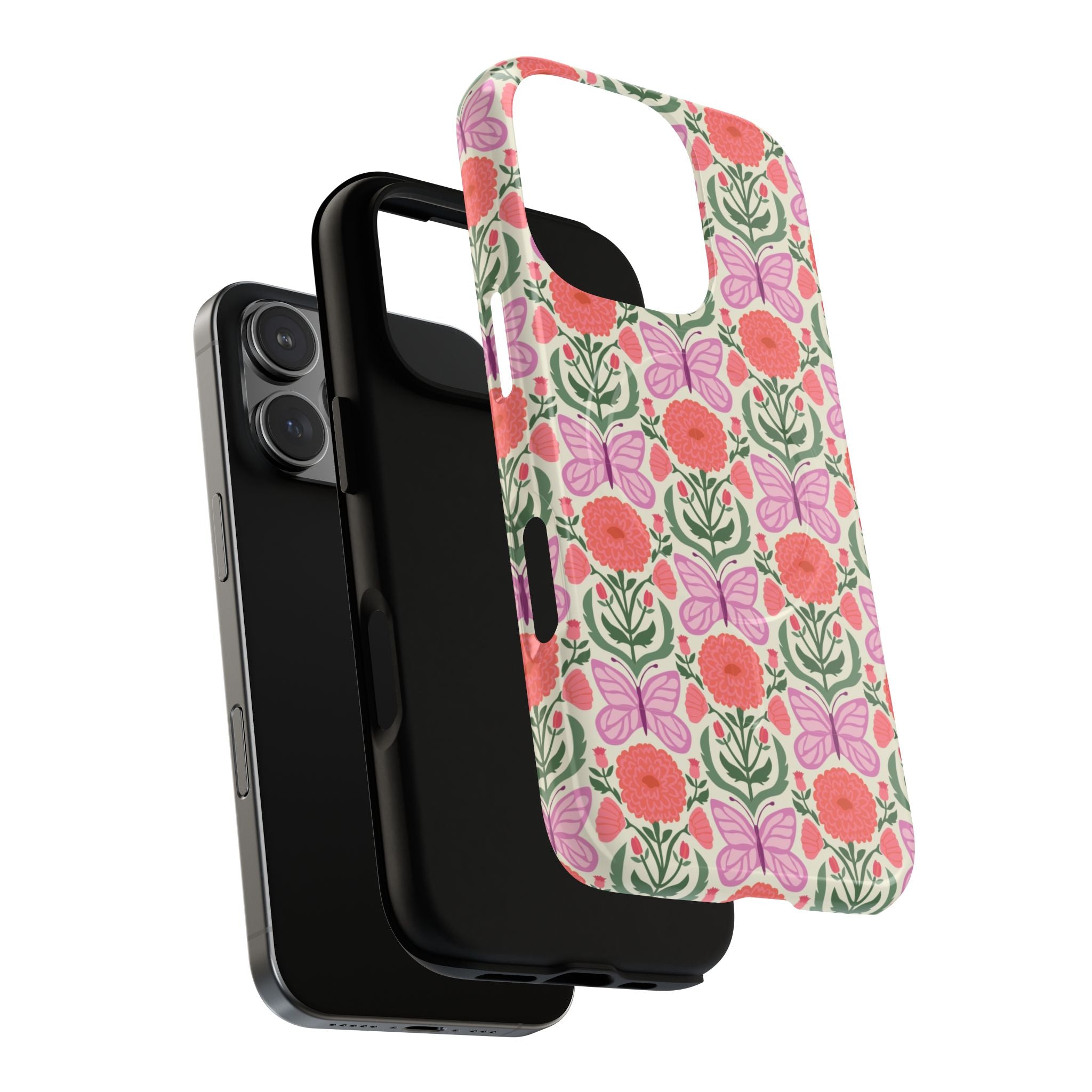 Pink Butterfly MagSafe iPhone 16 Pro Max Case – Dual-layered view of case and inner lining in front of phone, with view of camera cutout and buttons | pink, coral, green, cream butterfly floral print
