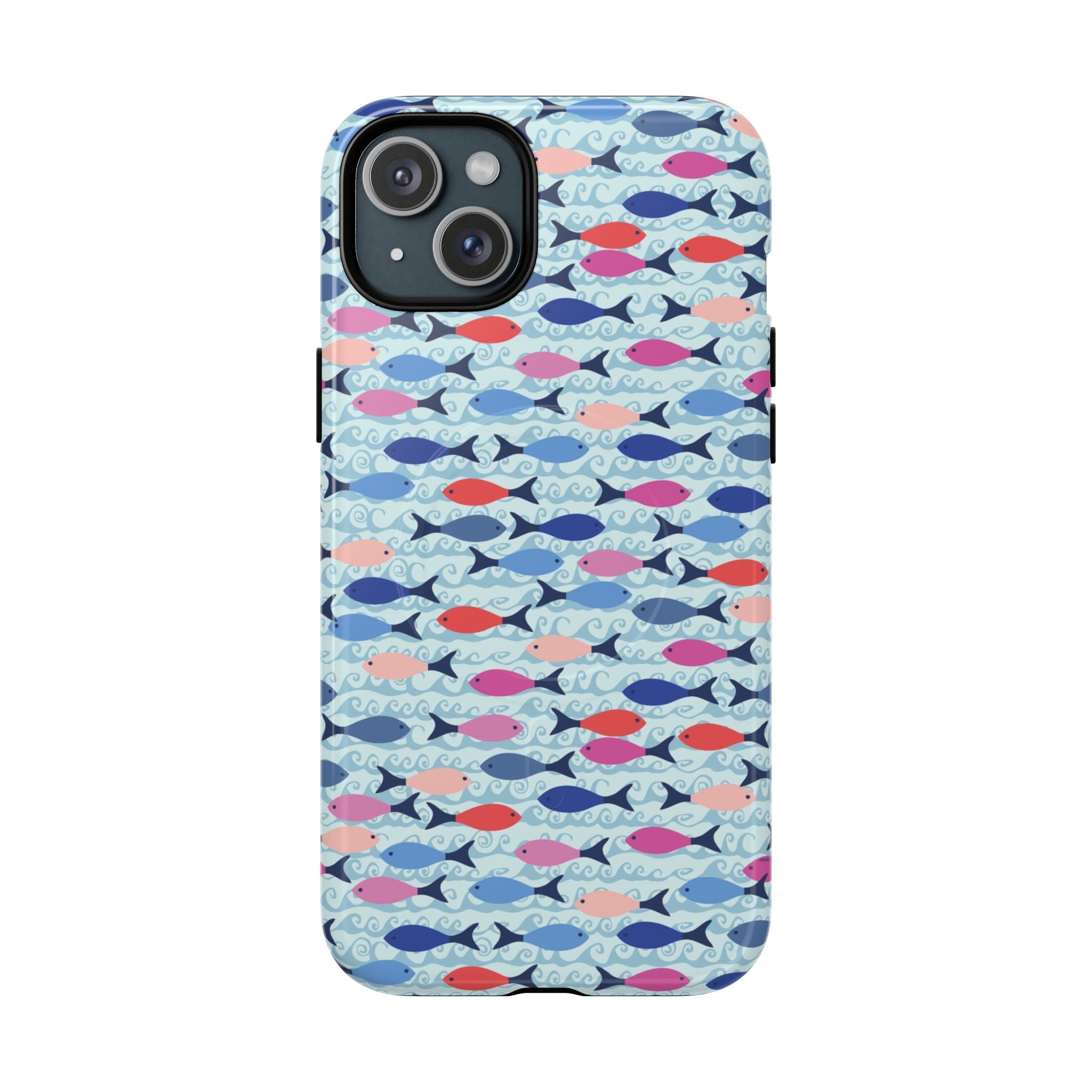 Summer Minnows MagSafe iPhone 15 Plus Case – Glossy | navy, coral, pink, and periwinkle fish on a pale aqua ground