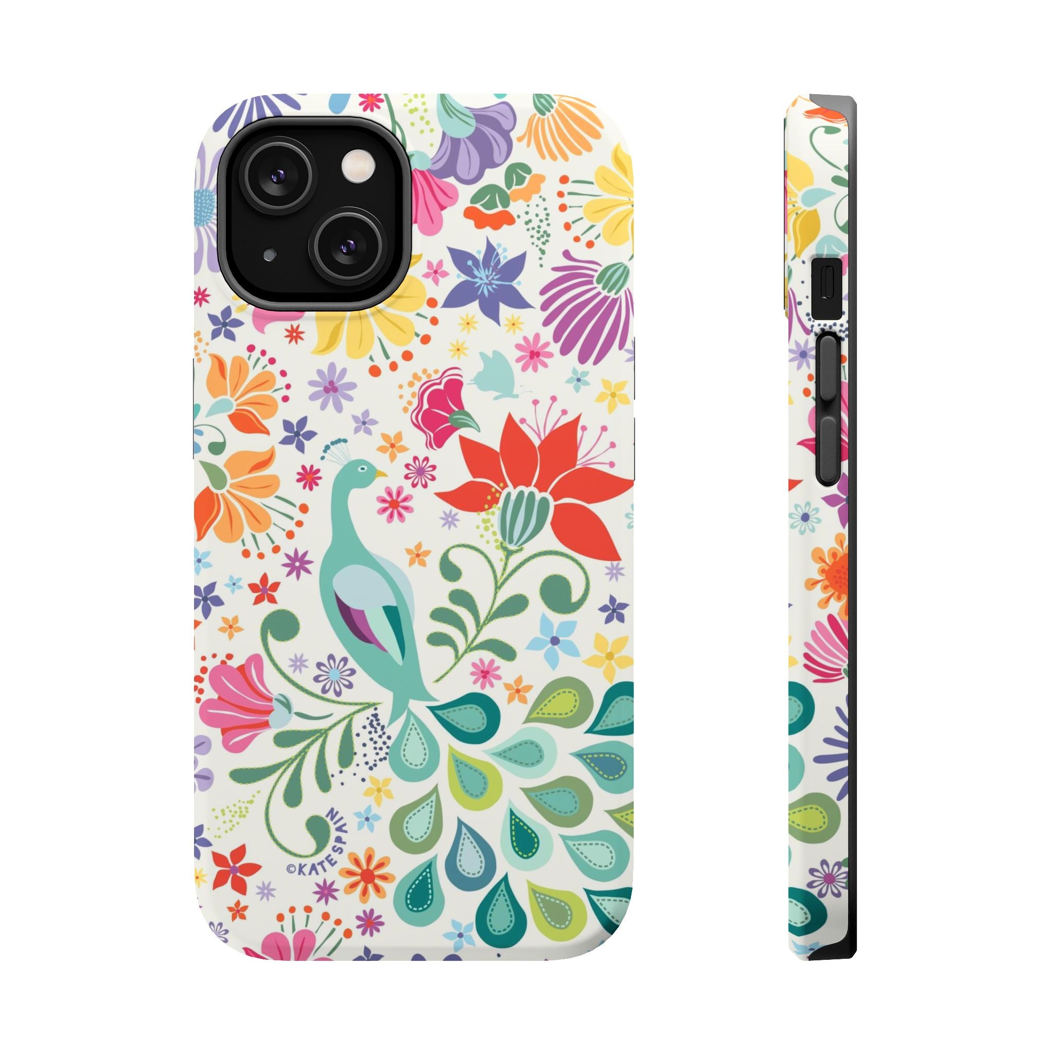 Peacock Sanctuary MagSafe iPhone 14 Case – Matte | ivory, teal, navy peacock botanical print MagSafe compatible, dual-layer protection