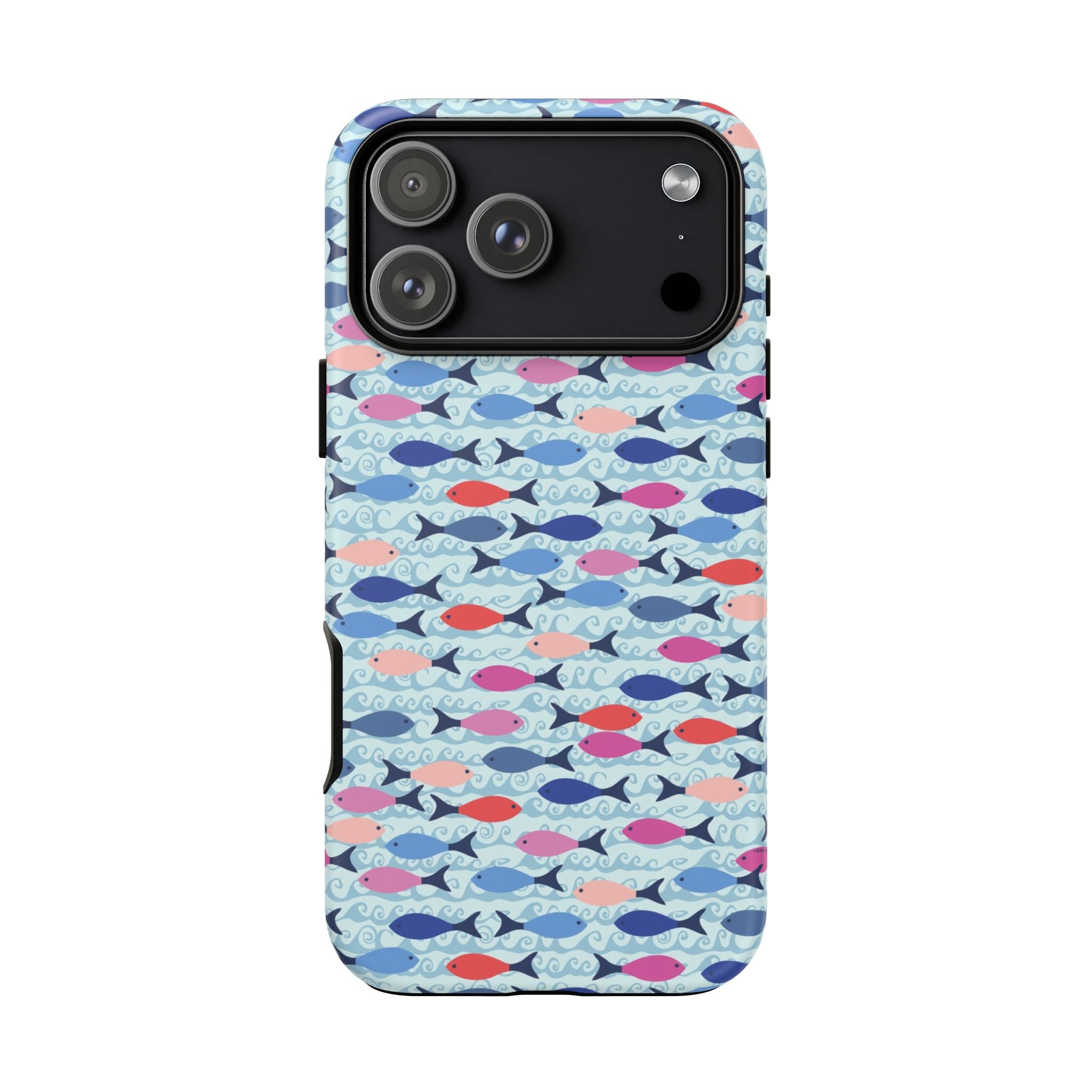Summer Minnows Tough iPhone 17 Pro Max Case – Matte | navy, coral, pink, and periwinkle fish on a pale aqua ground