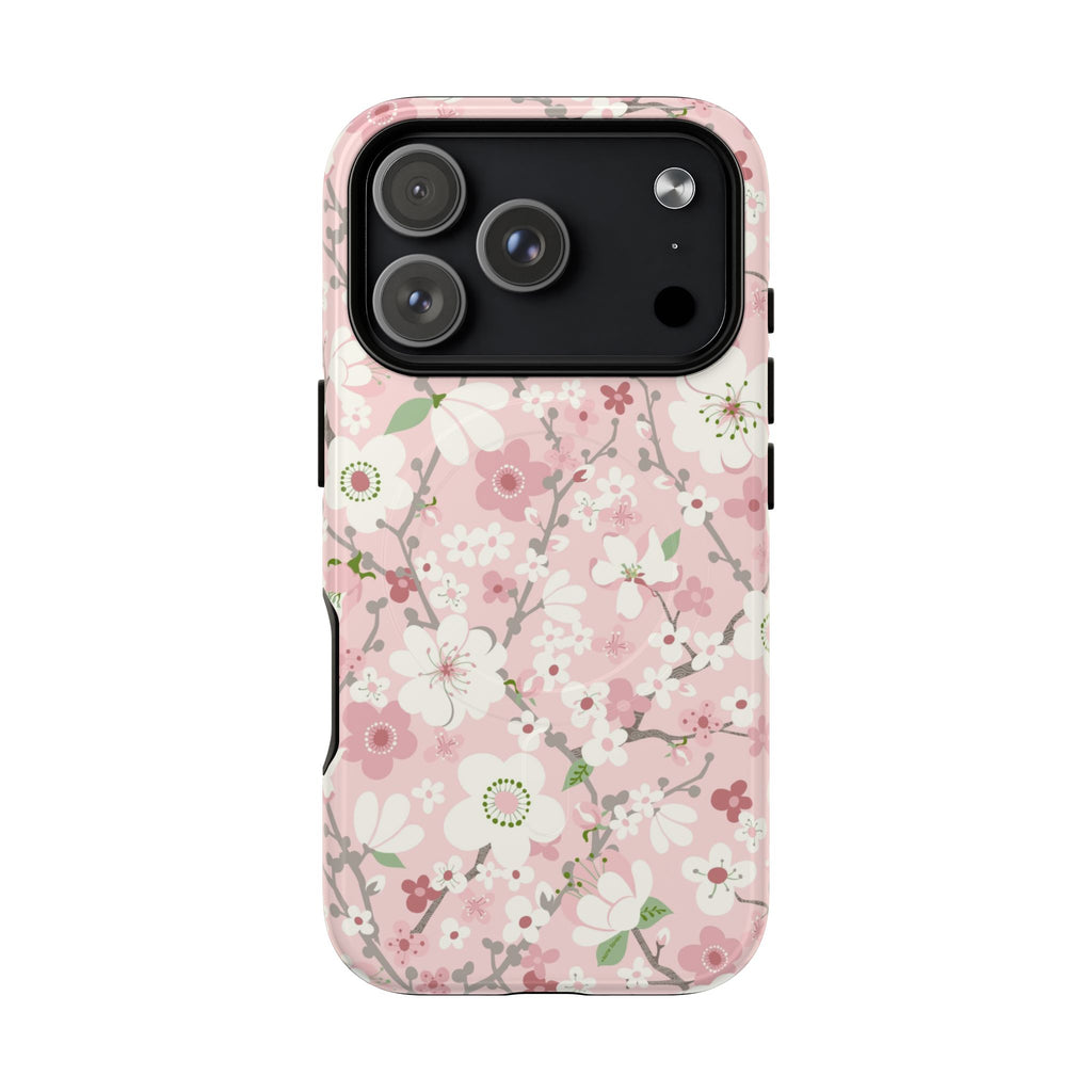 Pink Cherry Blossom MagSafe iPhone 17 Pro Case – Glossy | light pink, white, cherry blossom floral print
