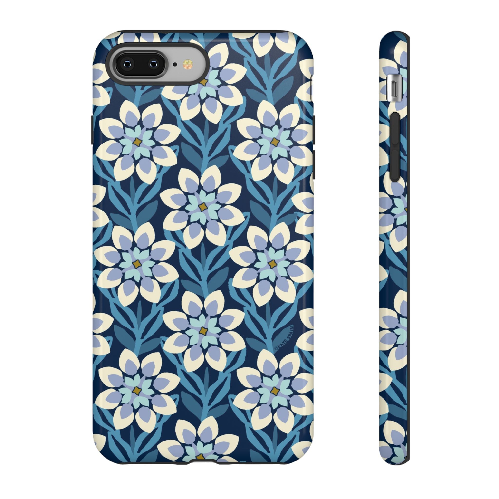 Designer Modern Dahlia Tough iPhone 8 Plus Case – Glossy | navy, cobalt, white dahlia floral print