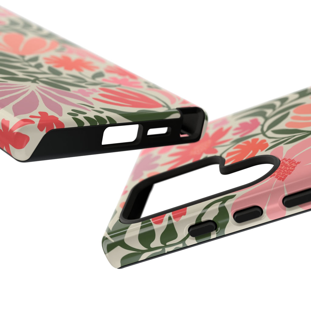 Luxury Botanica Samsung Galaxy S24 Ultra Case – Glossy | close-up of sides of case in cream, coral, pink botanical wildflower print
