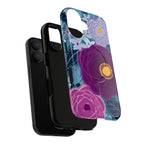 Bloomerie Violet MagSafe iPhone 17 Case – Dual-layered view of case and inner lining in front of phone, with view of camera cutout and buttons | navy, purple, magenta botanical peony floral print