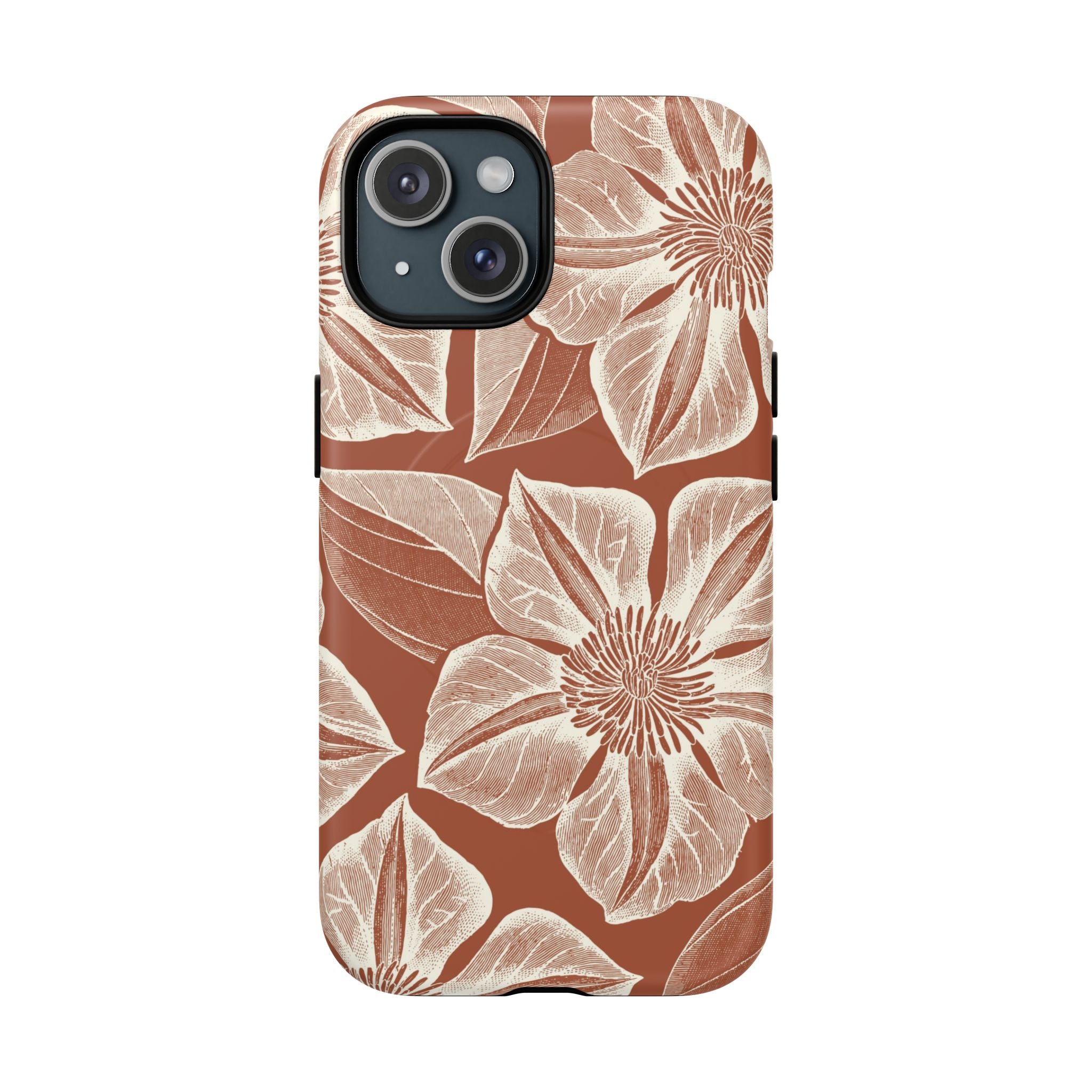 Vintage Bloom Sienna MagSafe iPhone 15 – Matte | sienna ground, large-scale cream clematis print, engraved petal detail, dual-layer protection