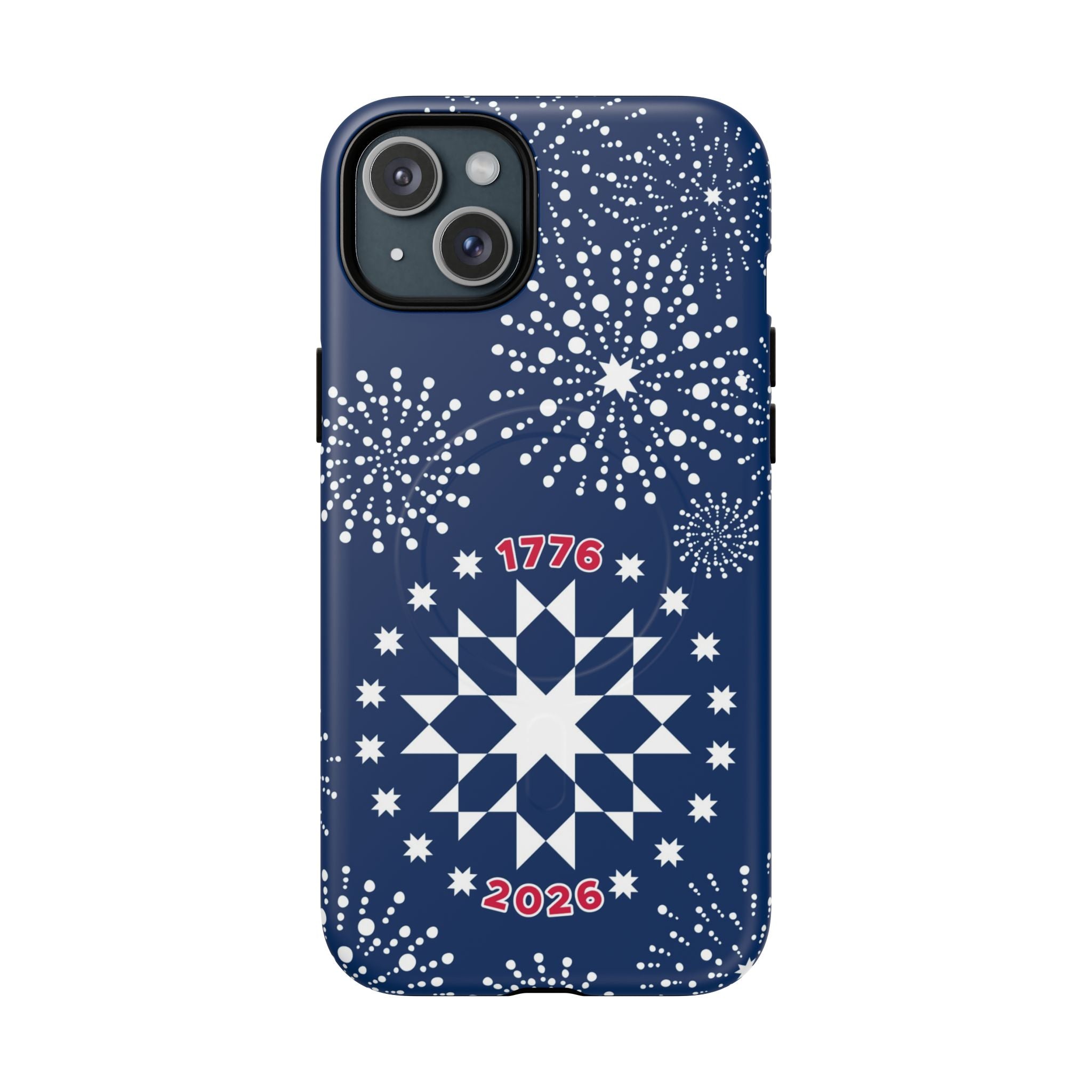 250th Fireworks MagSafe iPhone 15 Plus Case – Matte | navy, white patriotic star quilt fireworks print