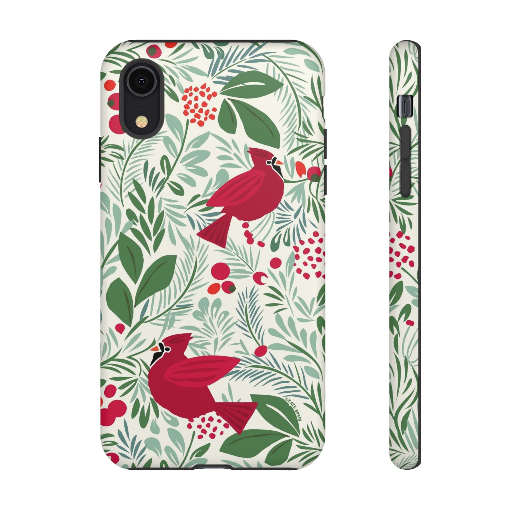 Birds and Berries Tough iPhone XR Case – Matte | cream, red, green botanical cardinal berry print
