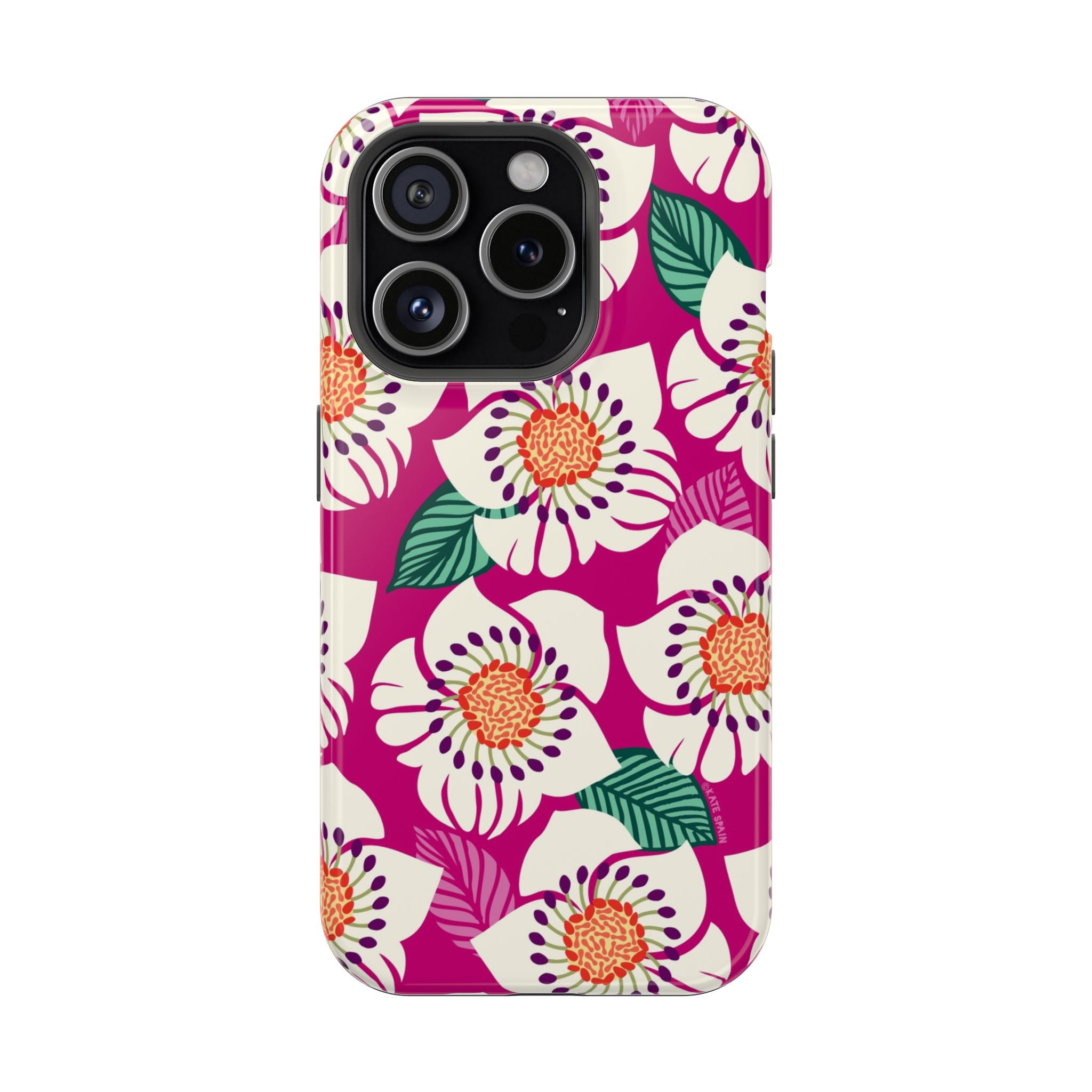 Panache Rose MagSafe iPhone 15 Pro Case – Glossy | berry, cream white, peach anemone floral print