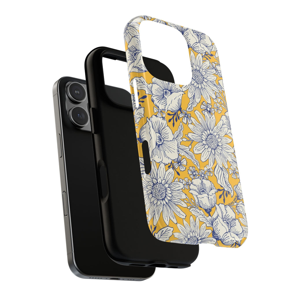 Jardin Yellow MagSafe iPhone 16 Pro Max Case – Dual-layered view of case and inner lining in front of phone, with view of camera cutout and buttons | yellow and cream botanical garden print