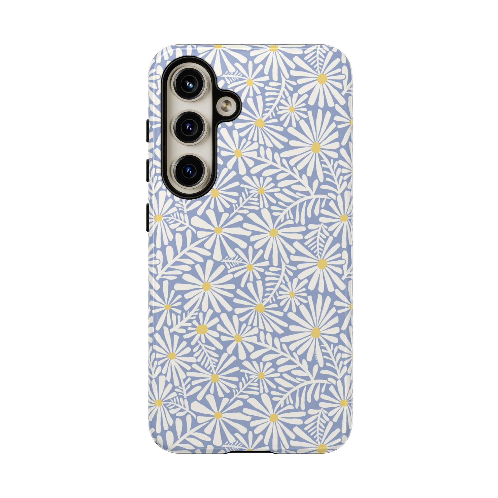 Montauk Daisy Cottage Blue Samsung Galaxy S24 Glossy case — white daisy and fern print on periwinkle blue by Kate Spain
