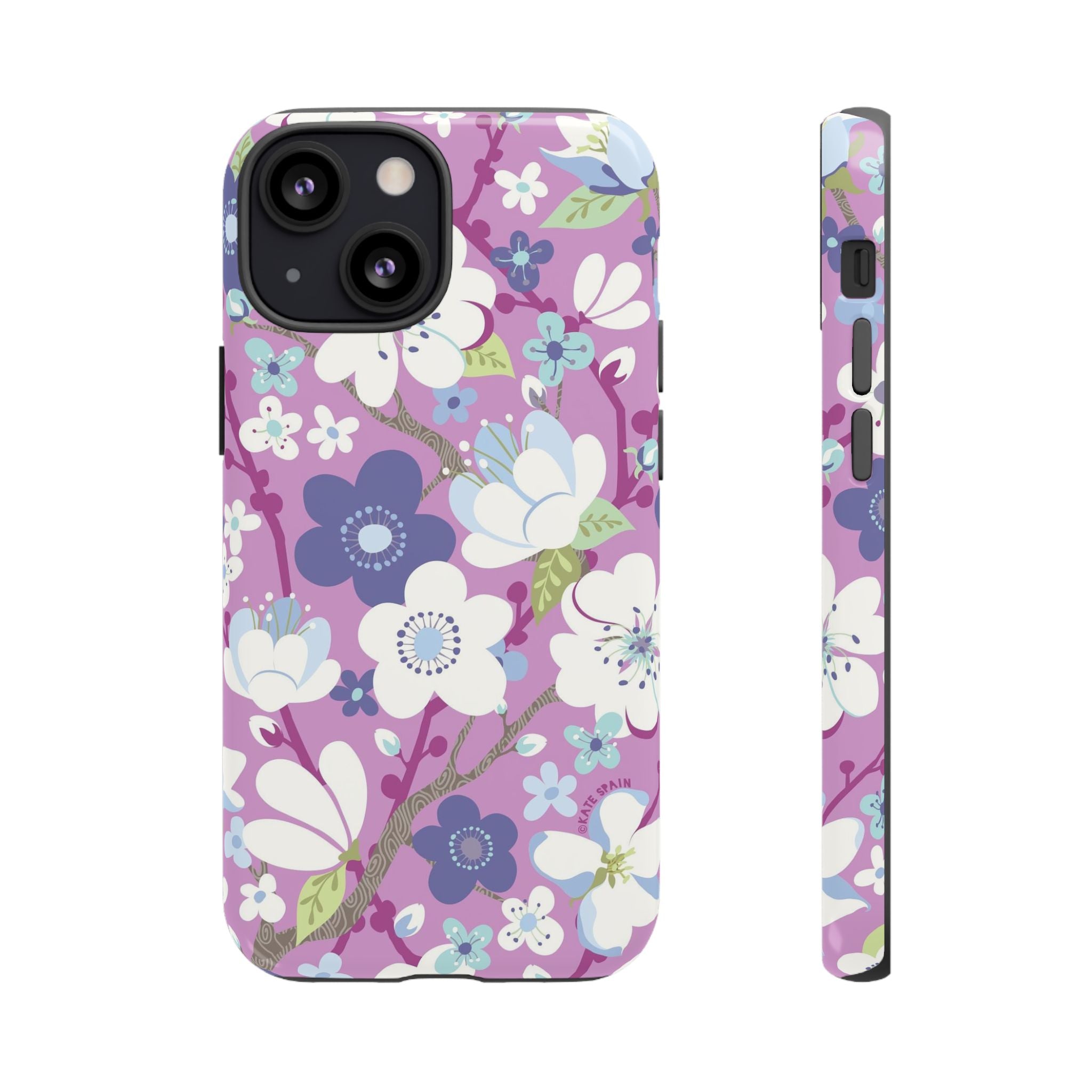Luxury Cherry Blossom Tough iPhone 13 mini Case – Glossy | mauve, purple, blue, white cherry blossom print