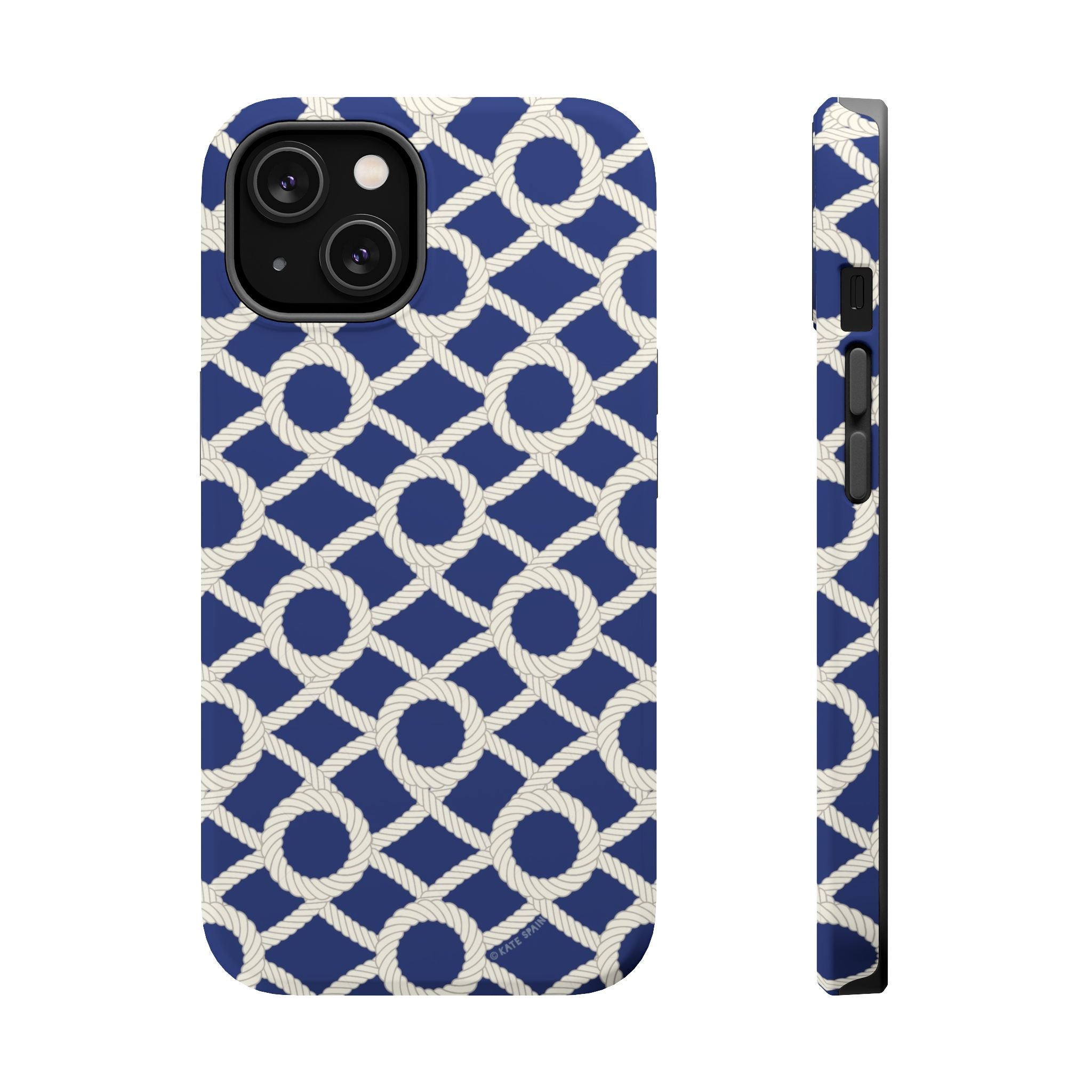 Sailor's Knot MagSafe iPhone 14 Pro Case – Glossy | navy, cream nautical rope knot lattice print