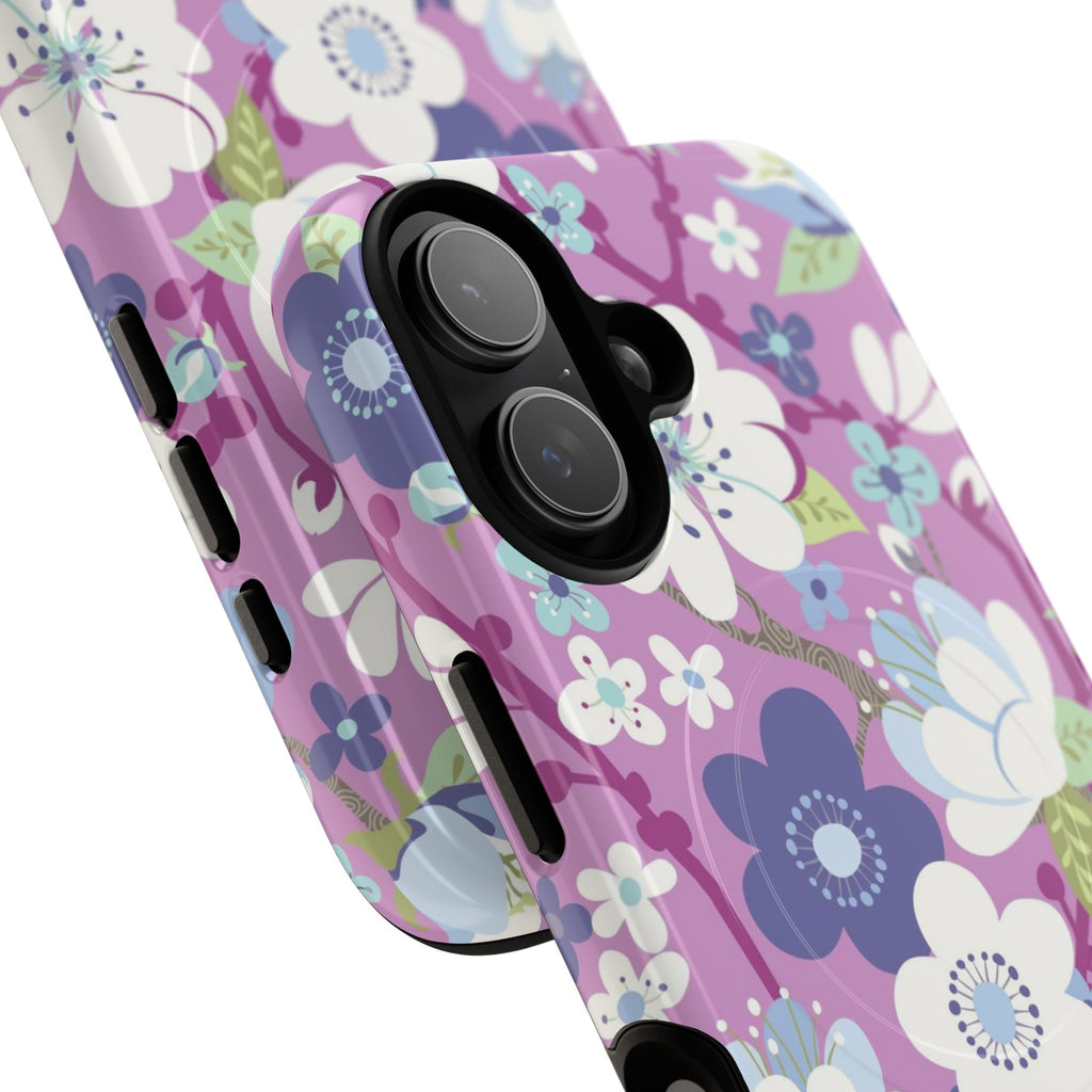 Purple Cherry Blossom MagSafe iPhone 17 Case – Glossy | mauve, purple, blue, white cherry blossom print | angled view closeup of camera cutout and buttons